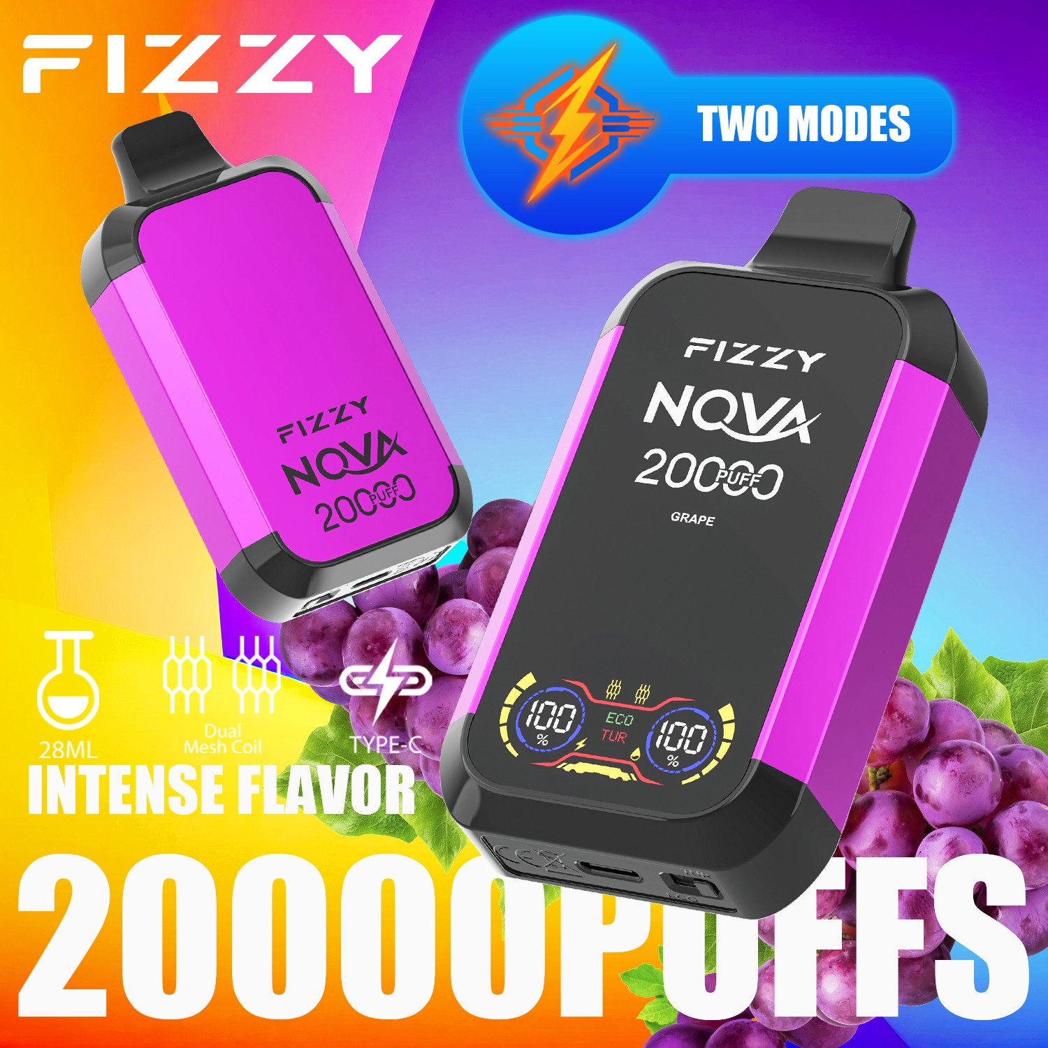 Fizzy Nova 20000 (20.000 boccate) – Edizione Dual Mesh con display LCD – Sigaretta elettronica usa e getta al gusto d'uva