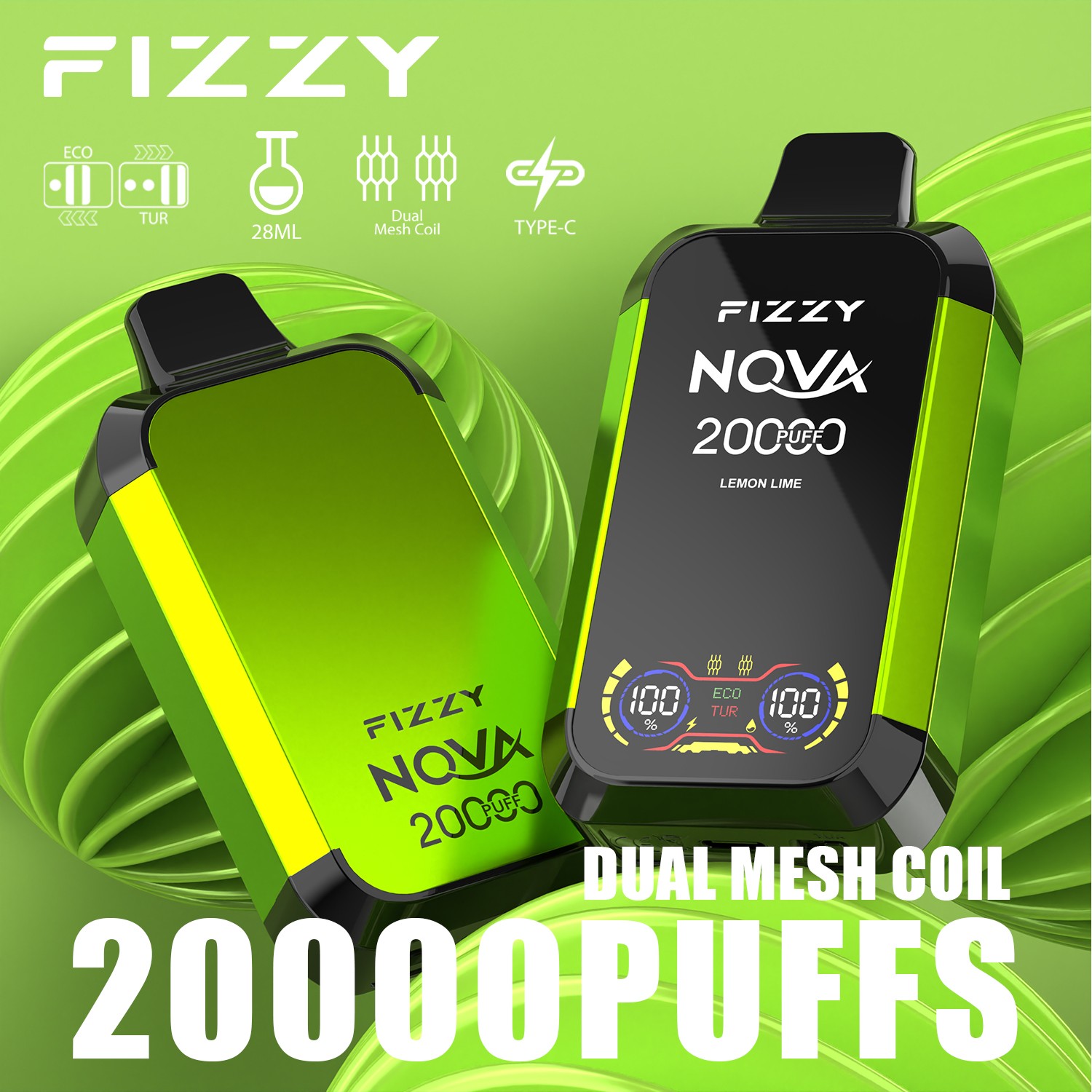 Fizzy Nova 20000 (20.000 boccate) con doppio sistema a rete e display LCD, sigaretta elettronica usa e getta al gusto di limone e lime