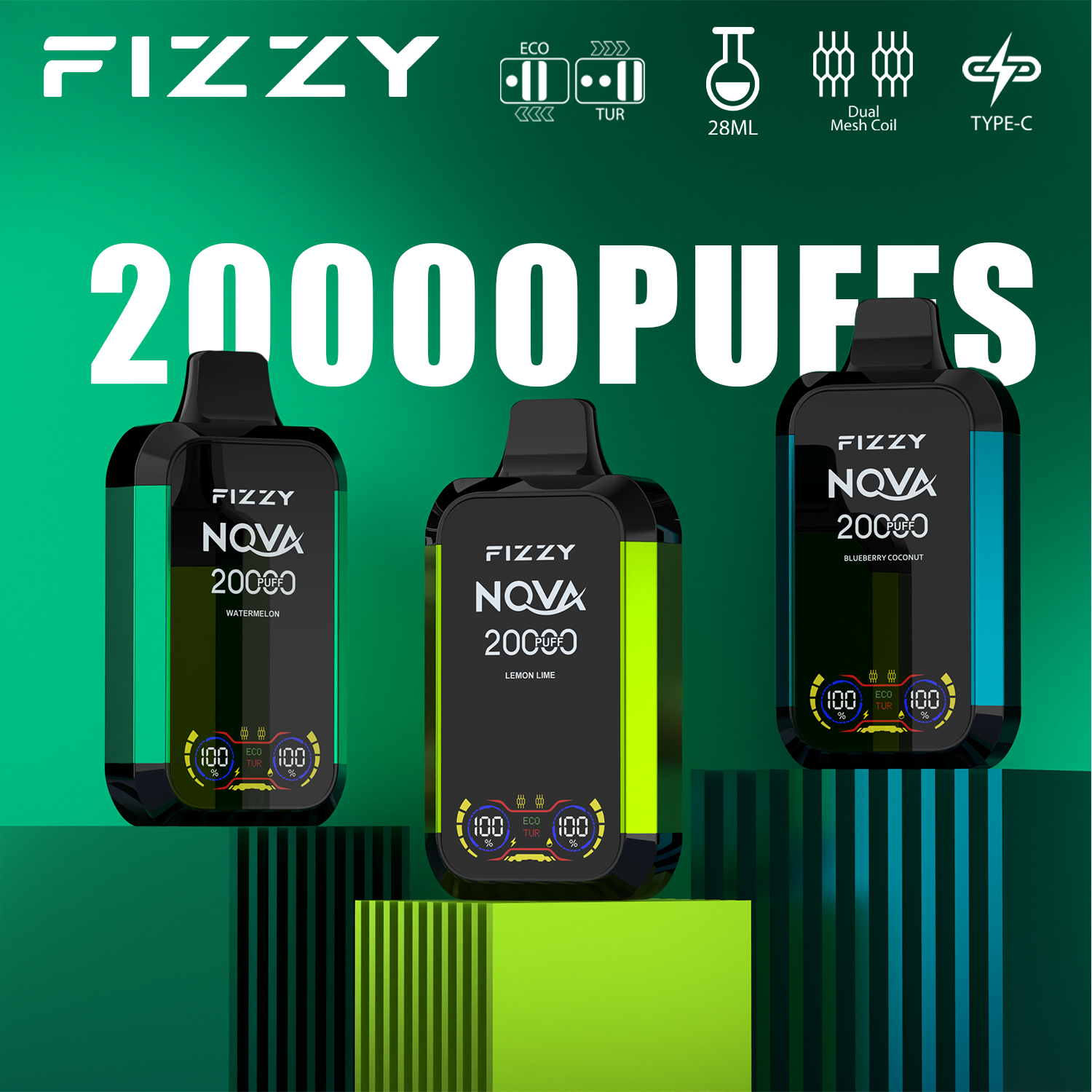 Immagine del prodotto: Fizzy Nova 20000 (20K boccate) con doppio filtro a rete e display LCD, vaporizzatore usa e getta