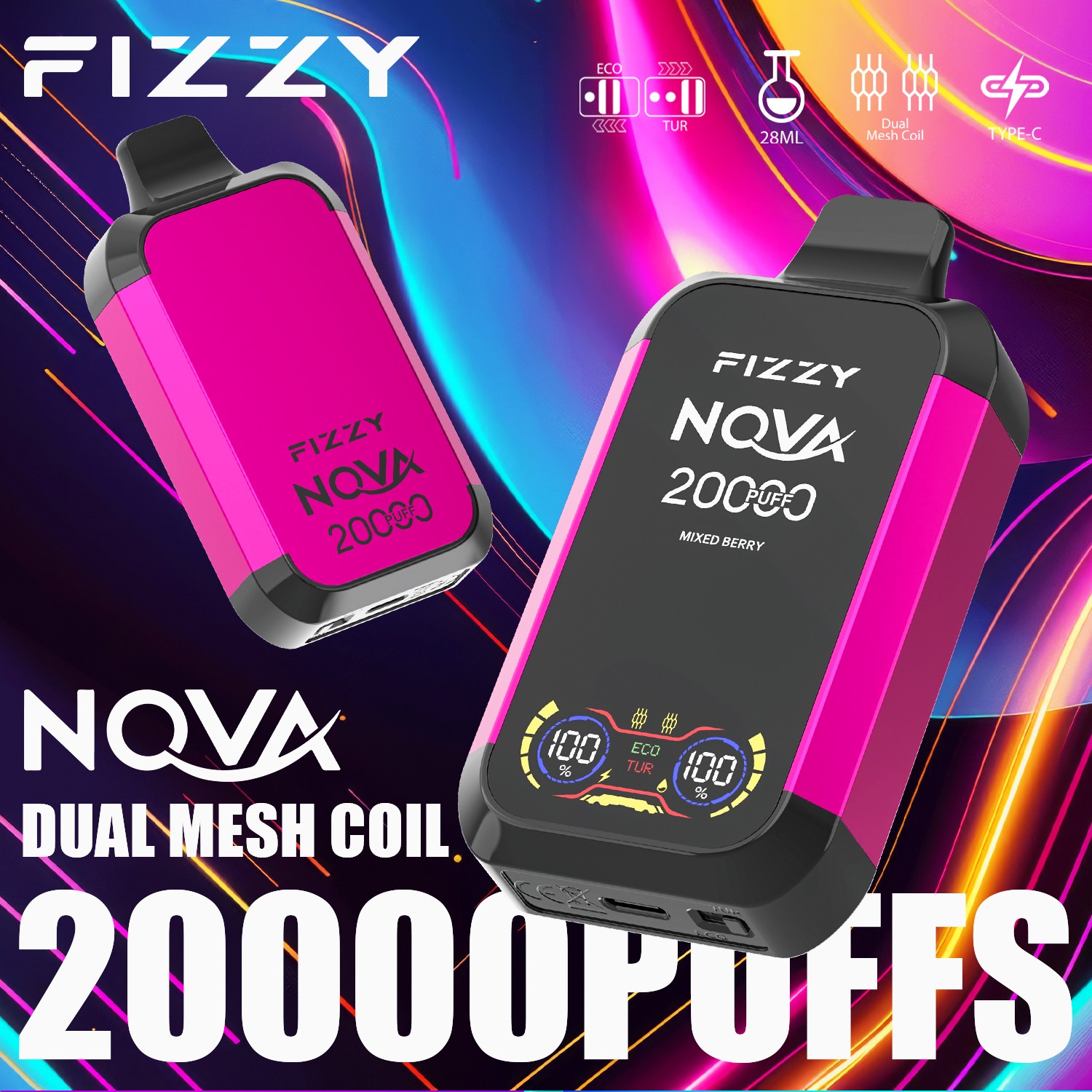Fizzy Nova 20000 (20.000 boccate) – Edizione con doppio mesh e display LCD – Sigaretta elettronica usa e getta al gusto di frutti di bosco