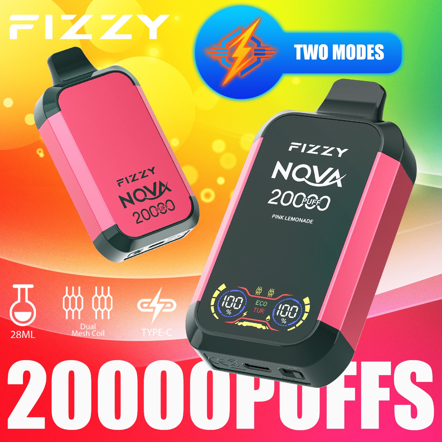 Fizzy Nova 20000 (20.000 boccate) – Edizione con doppio mesh e display LCD – Sigaretta elettronica usa e getta al gusto di limonata rosa