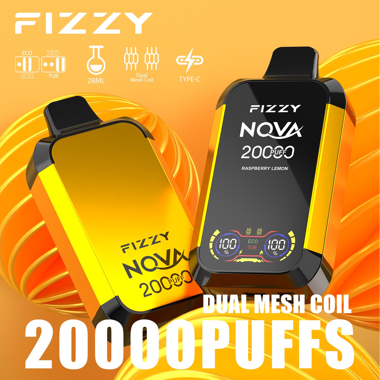 Fizzy Nova 20000 (20.000 boccate) con doppio sistema a rete e display LCD, sigaretta elettronica usa e getta al gusto lampone e limone