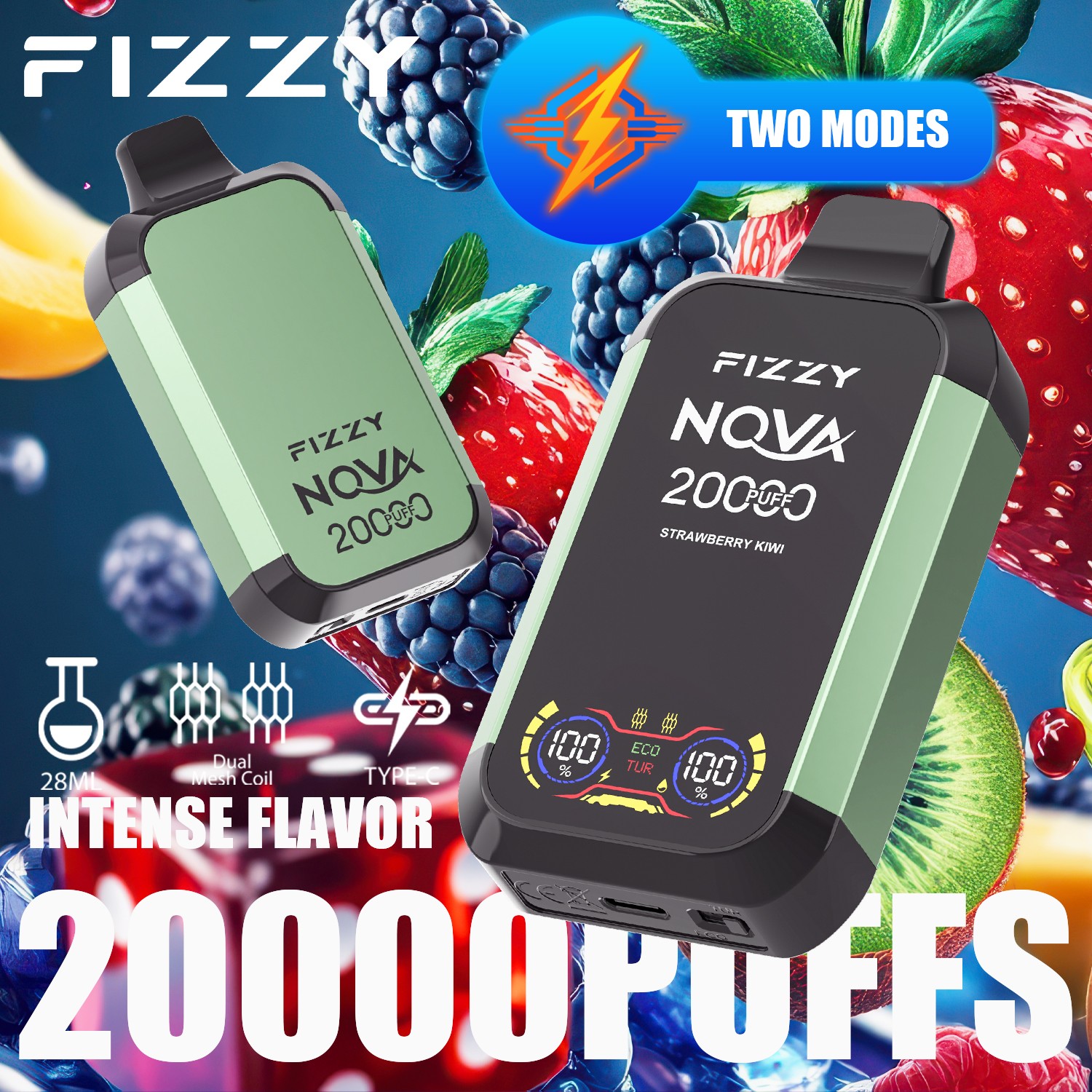 Fizzy Nova 20000 (20K boccate) – Sigaretta elettronica usa e getta con doppio mesh e display LCD, gusto fragola e kiwi