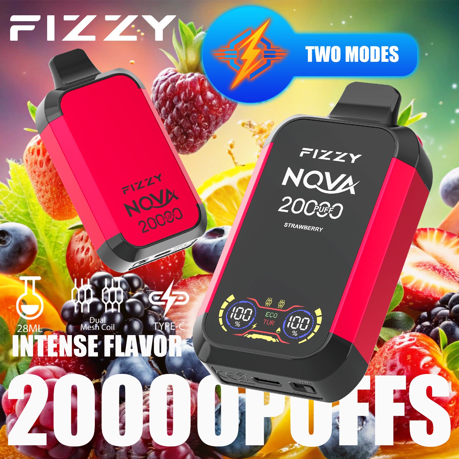 Fizzy Nova 20000 (20K boccate) – Sigaretta elettronica usa e getta con doppio mesh e display LCD, gusto fragola