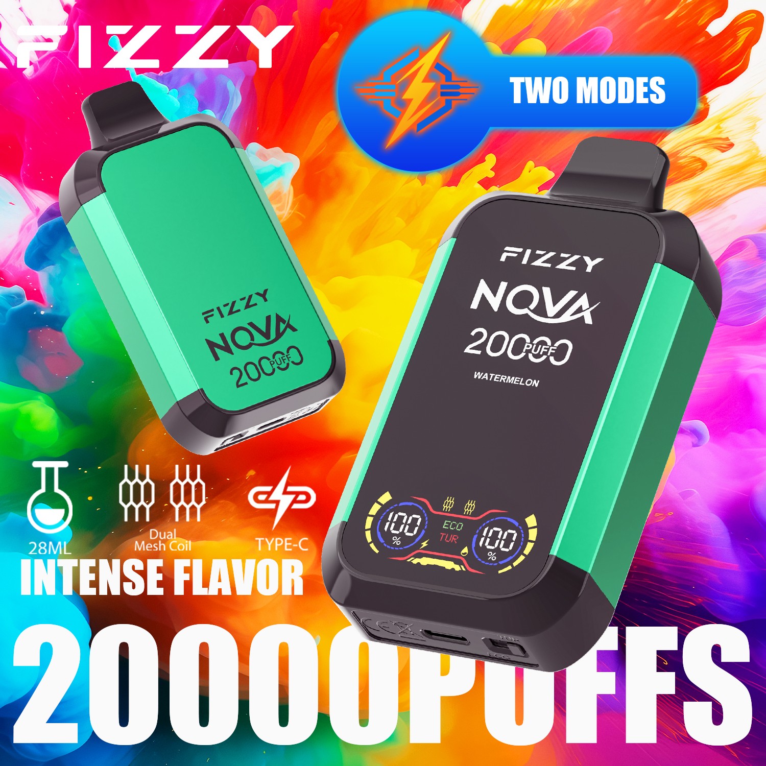 Fizzy Nova 20000 (20.000 boccate) – Edizione con doppio mesh e display LCD – Sigaretta elettronica usa e getta al gusto di anguria