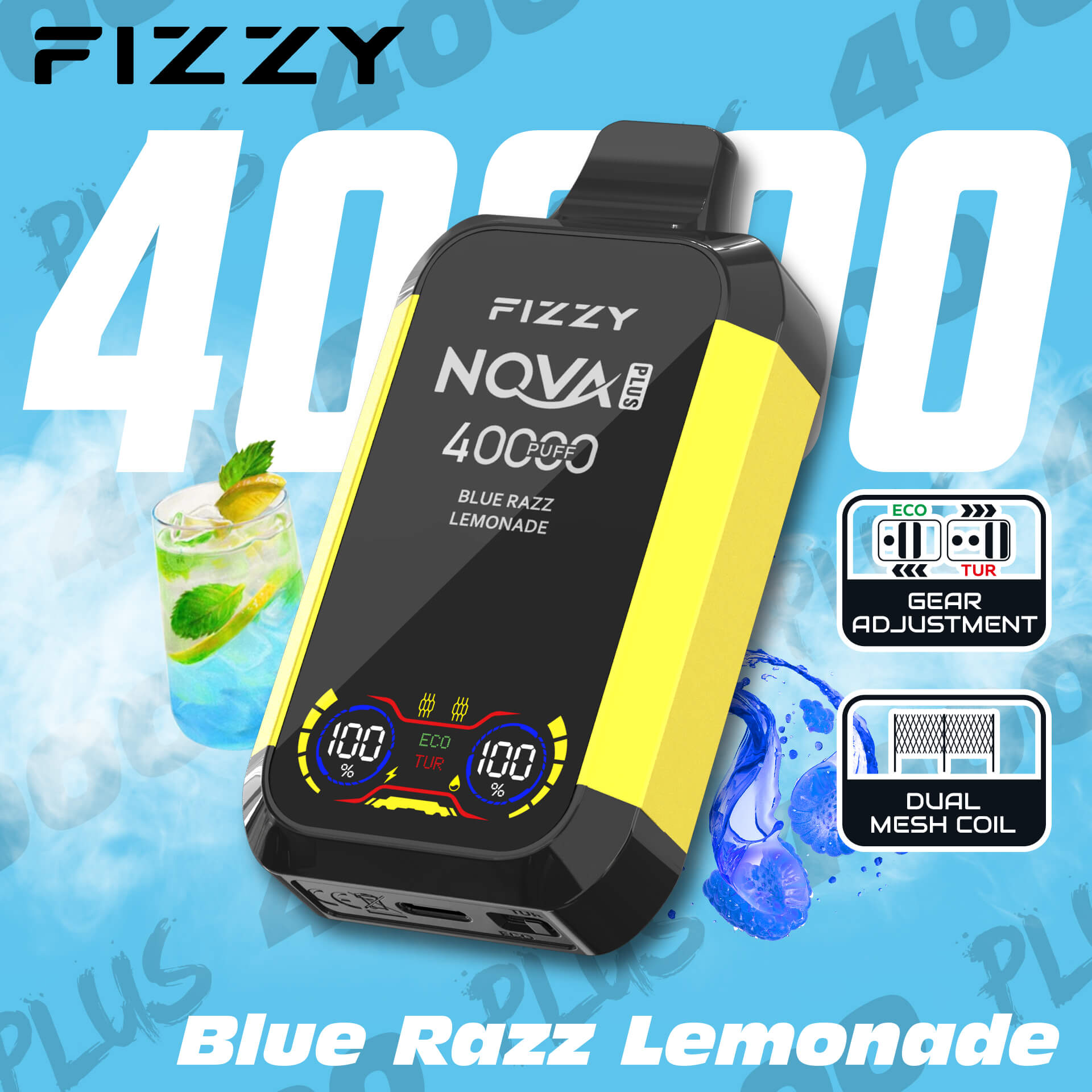 Fizzy Nova Plus 40000 40K Puffs Edition Dual Mesh LCD Display Disposable Vape EU Warehouse in Blue Razz Lemonade flavor