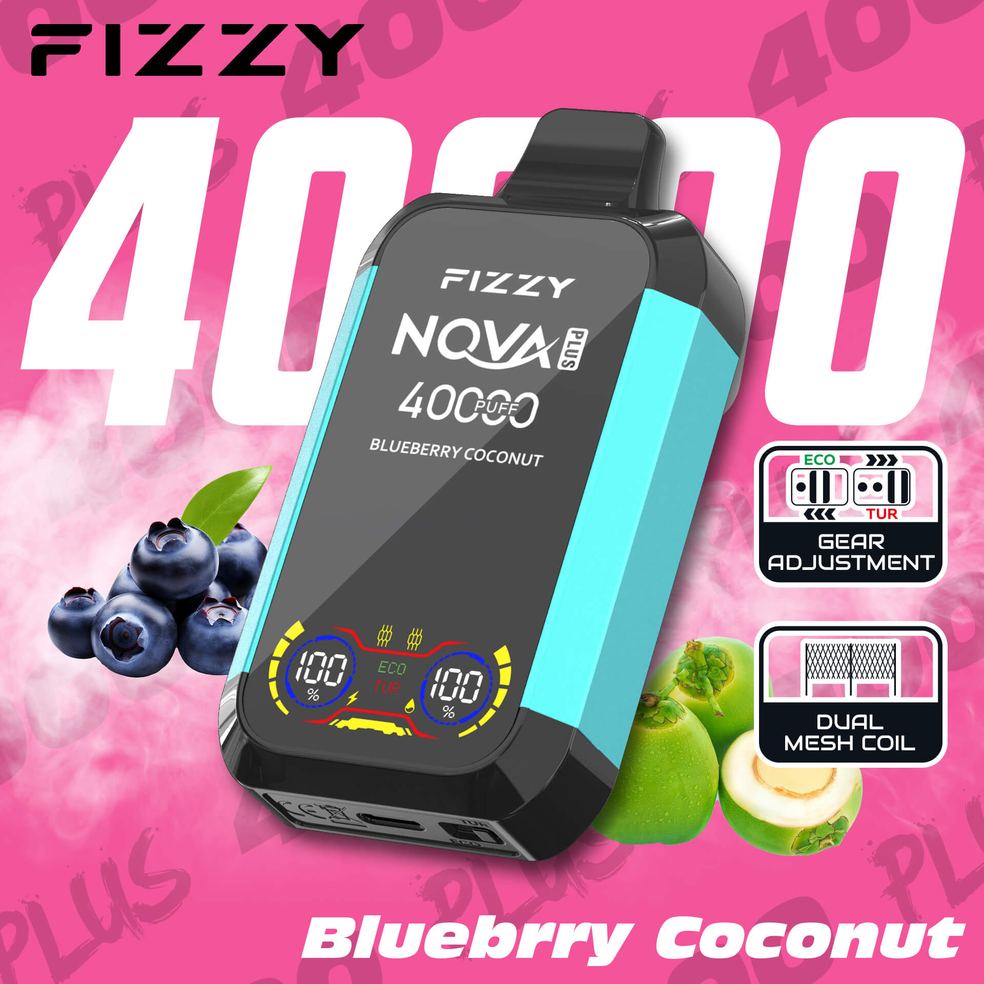 Fizzy Nova Plus 40000 40K Puffs Edition Dual Mesh LCD Display Disposable Vape EU Warehouse in Blueberry Coconut flavor