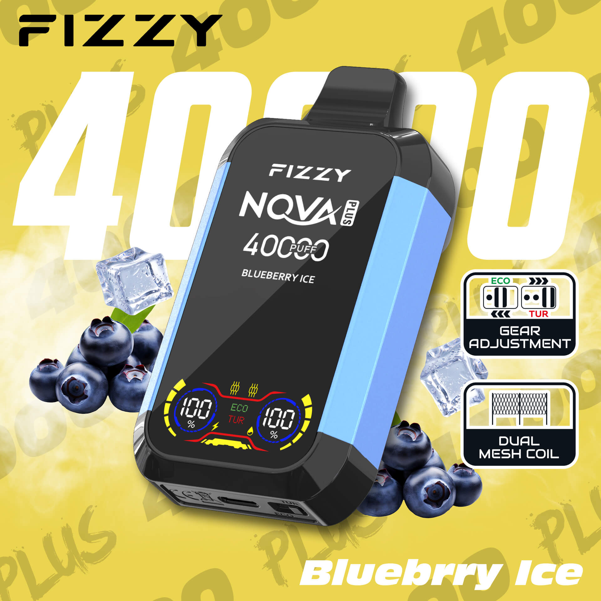 Fizzy Nova Plus 40000 40K Puffs Edition Dual Mesh LCD Display Disposable Vape EU Warehouse in Blueberry Ice flavor