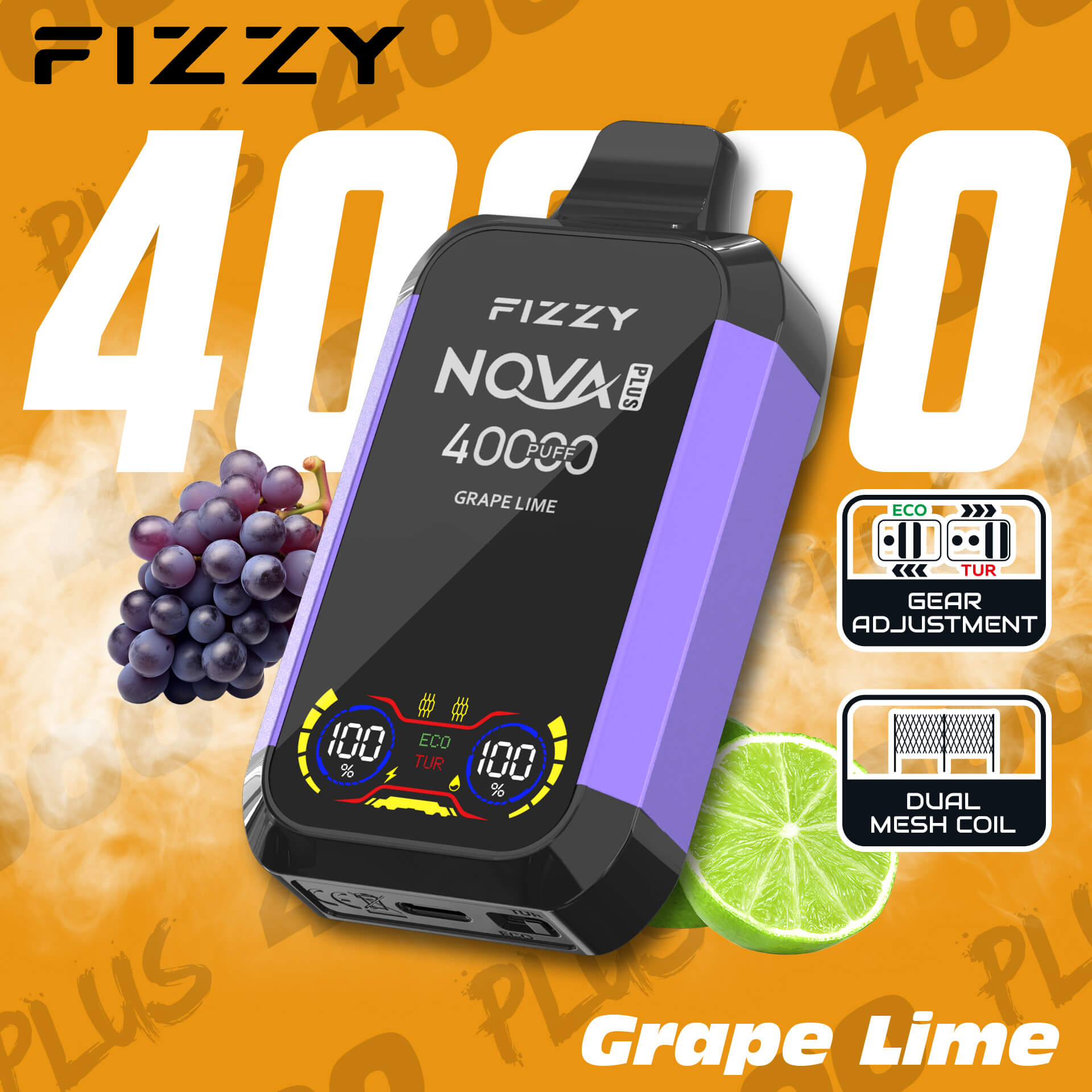 Fizzy Nova Plus 40000 40K Puffs Edition Dual Mesh LCD Display Disposable Vape EU Warehouse in Grape Lime flavor