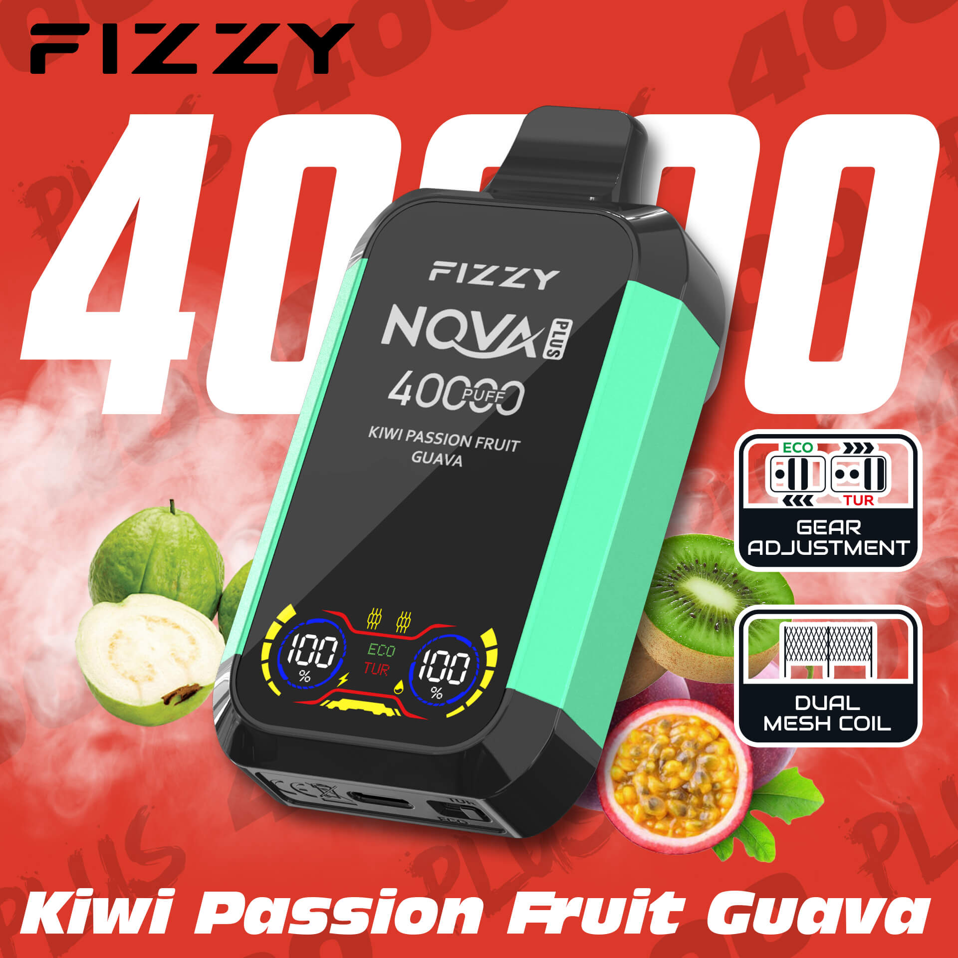Fizzy Nova Plus 40000 40K Puffs Edition Dual Mesh LCD Display Disposable Vape EU Warehouse in Kiwi Passion Fruit Guava flavor