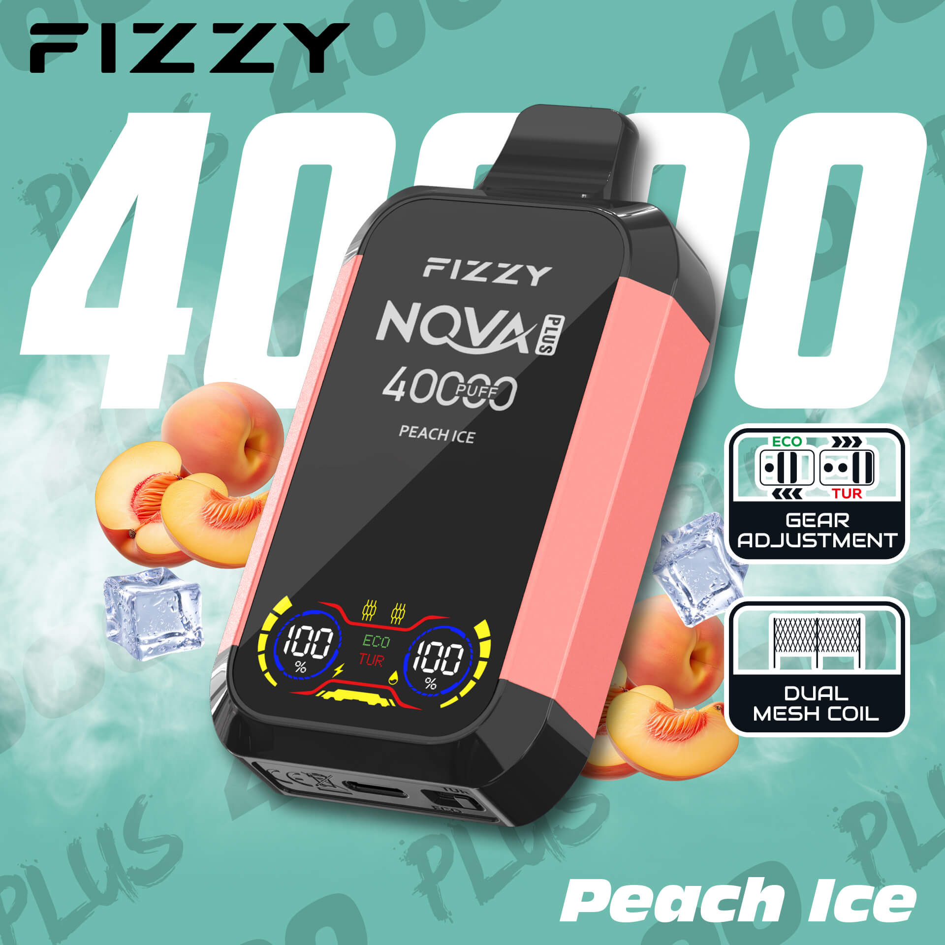 Fizzy Nova Plus 40000 40K Puffs Edition Dual Mesh LCD Display Disposable Vape EU Warehouse in Peach Ice flavor