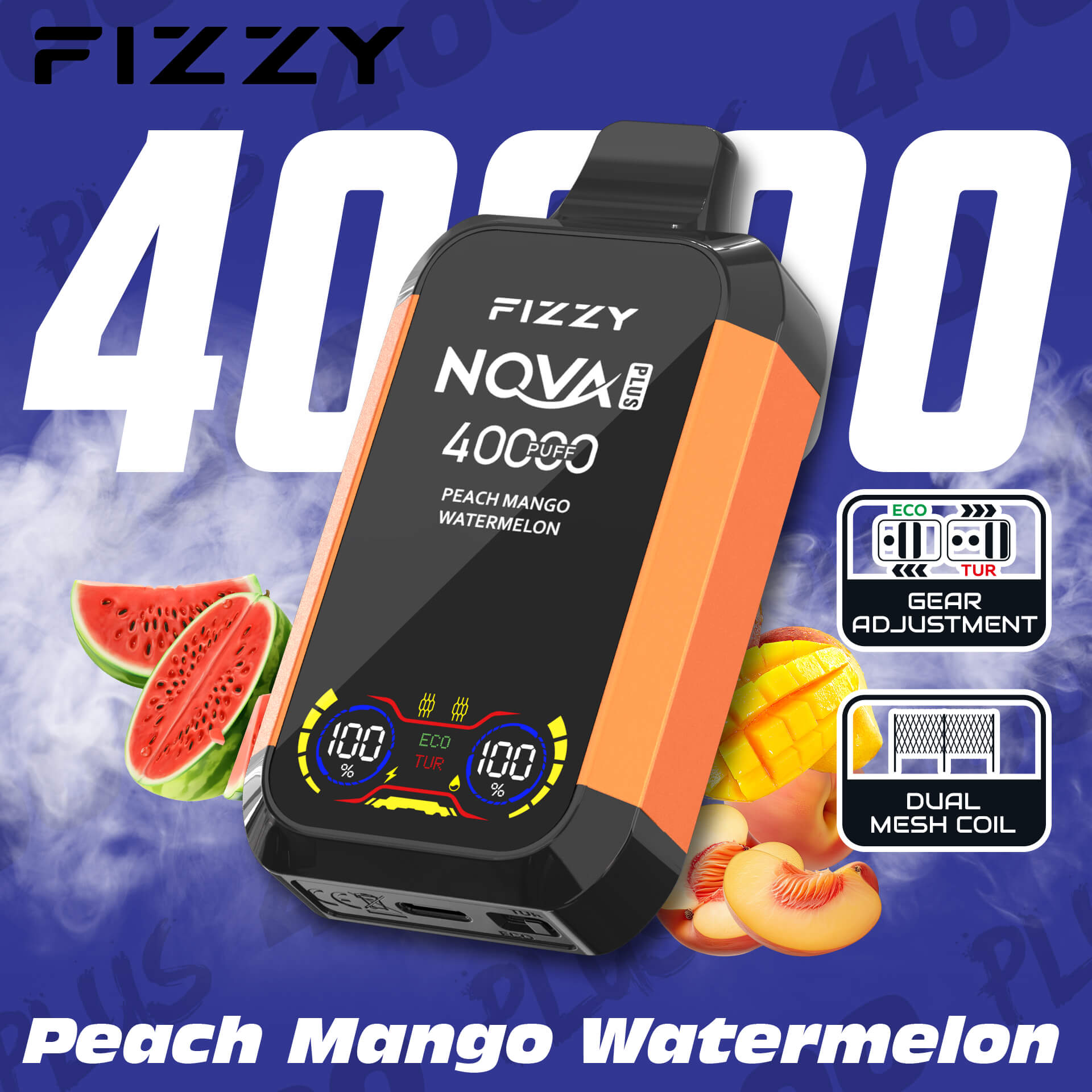 Fizzy Nova Plus 40000 40K Puffs Edition Dual Mesh LCD Display Disposable Vape EU Warehouse in Peach Mango Watermelon flavor