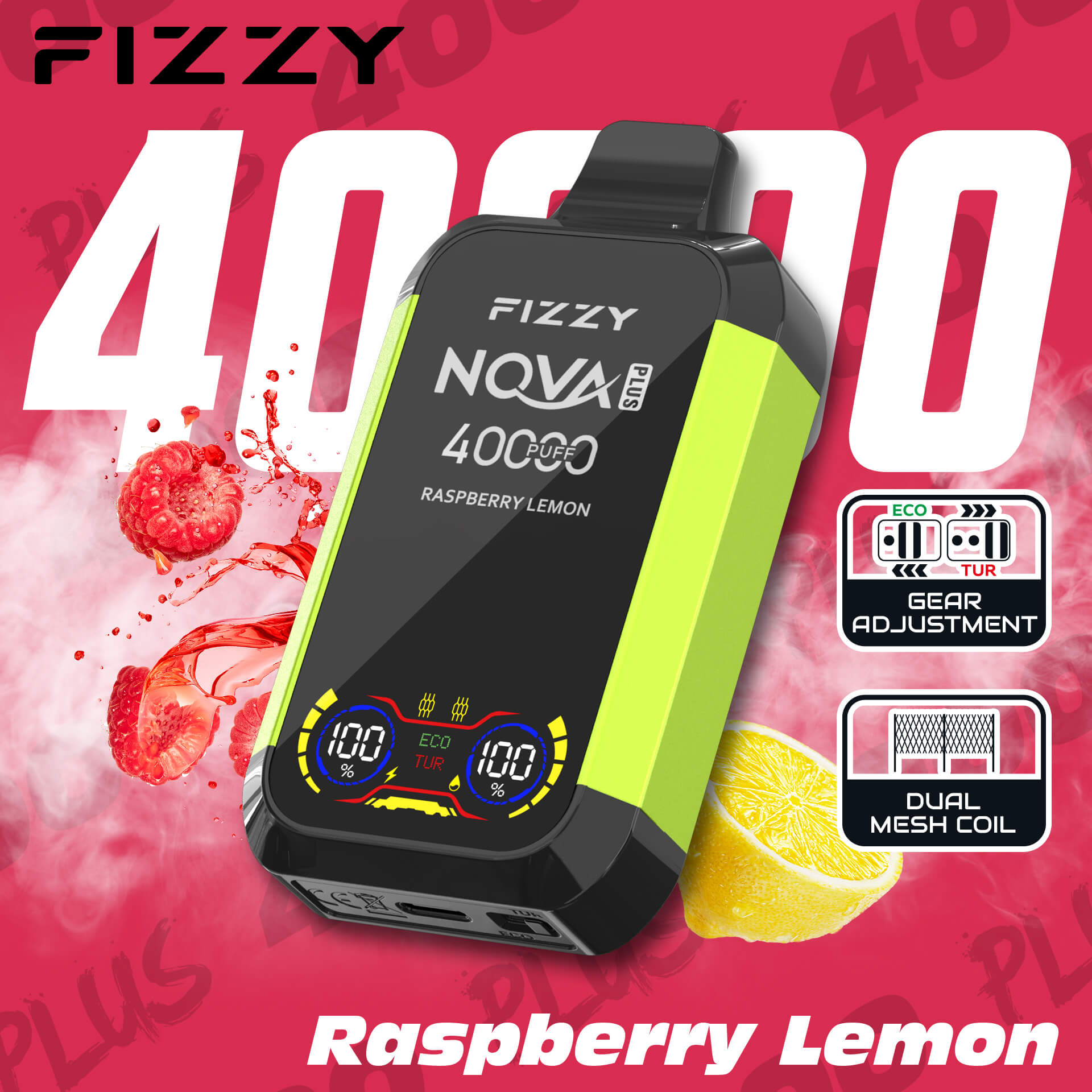 Fizzy Nova Plus 40000 40K Puffs Edition Dual Mesh LCD Display Disposable Vape EU Warehouse in Raspberry Lemon flavor