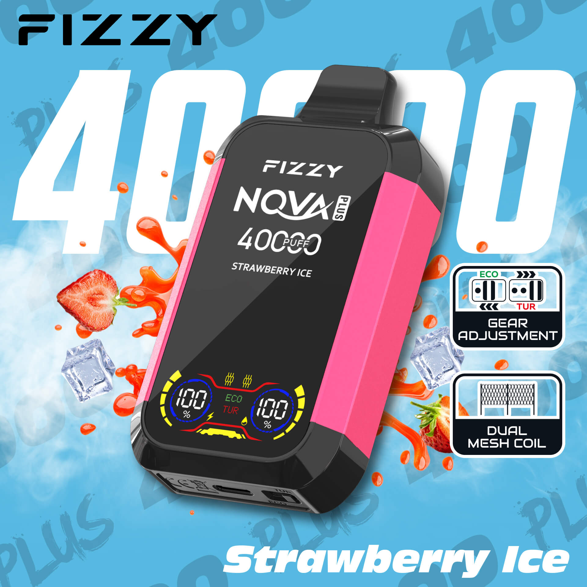 Fizzy Nova Plus 40000 40K Puffs Edition Dual Mesh LCD Display Disposable Vape EU Warehouse in Strawberry Ice flavor