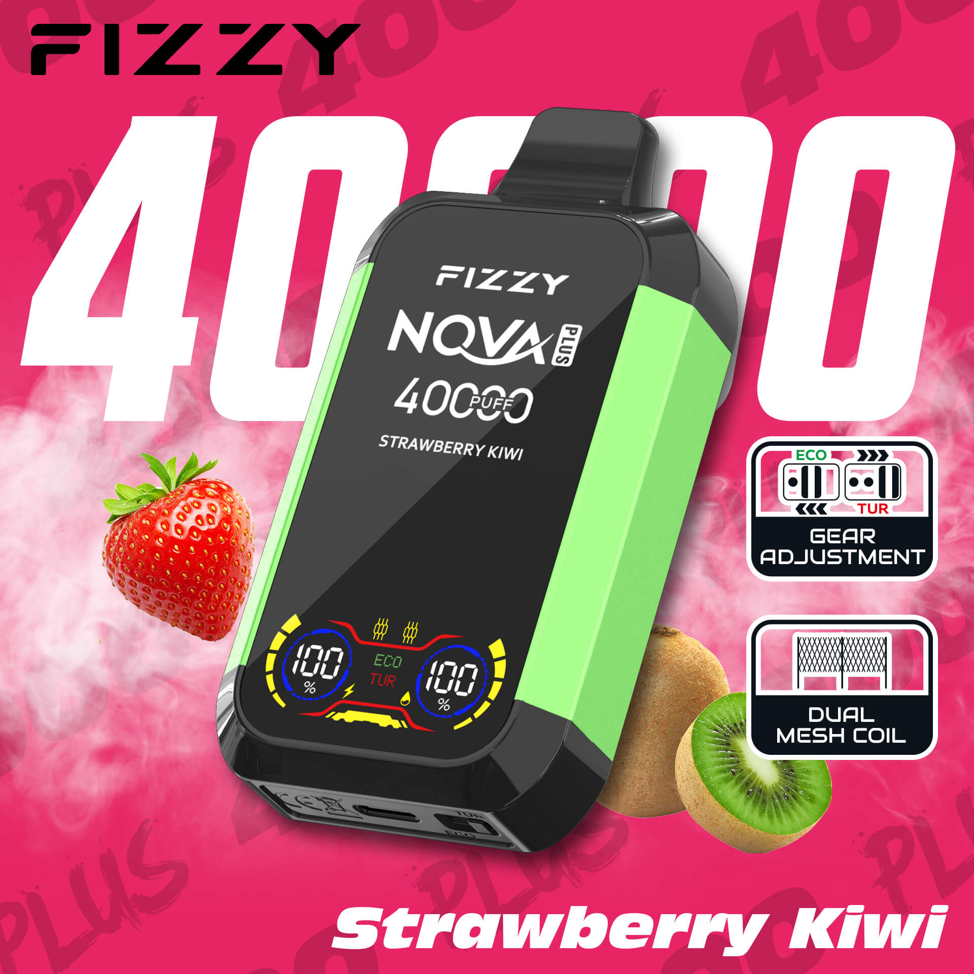 Fizzy Nova Plus 40000 40K Puffs Edition Dual Mesh LCD Display Disposable Vape EU Warehouse in Strawberry Kiwi flavor