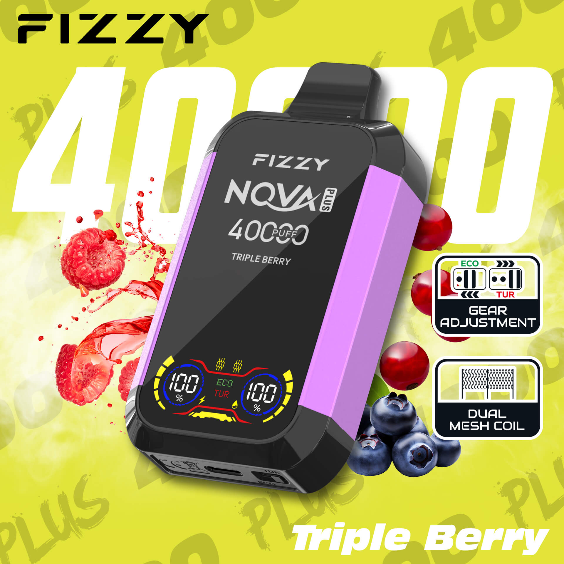 Fizzy Nova Plus 40000 40K Puffs Edition Dual Mesh LCD Display Disposable Vape EU Warehouse in Triple Berry flavor