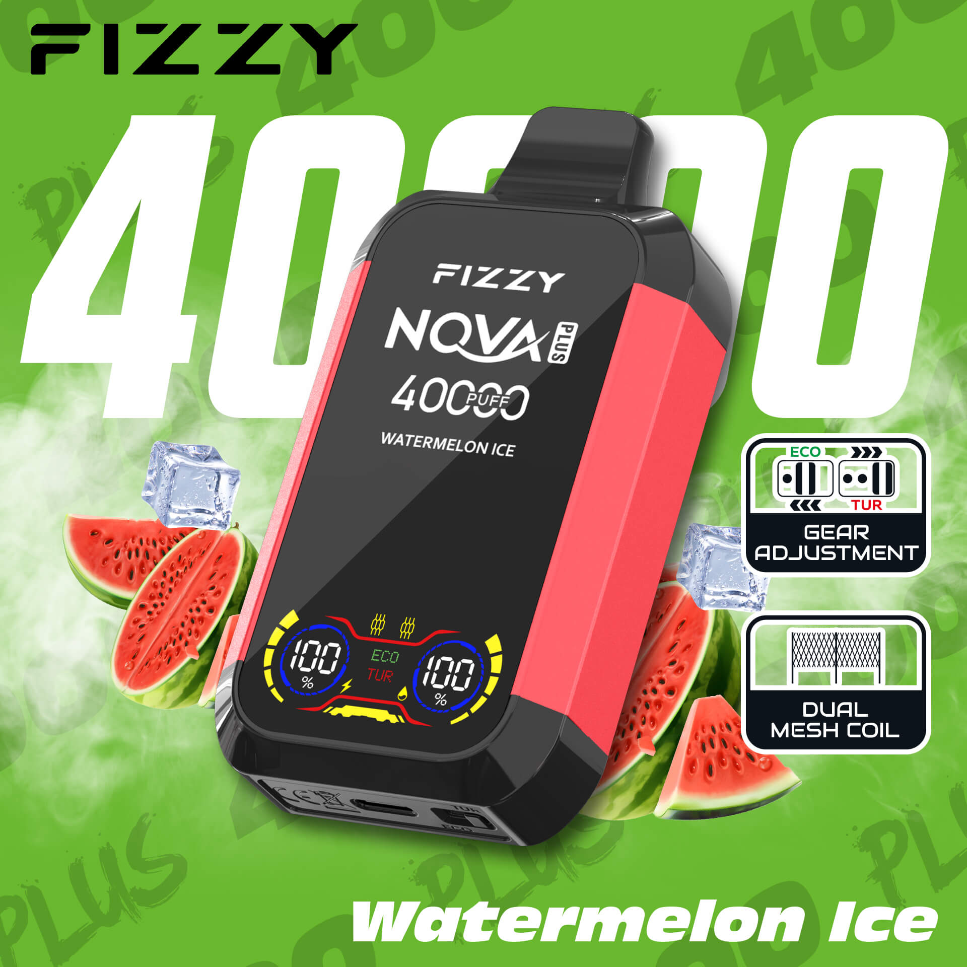 Fizzy Nova Plus 40000 40K Puffs Edition Dual Mesh LCD Display Disposable Vape EU Warehouse in Watermelon Ice flavor