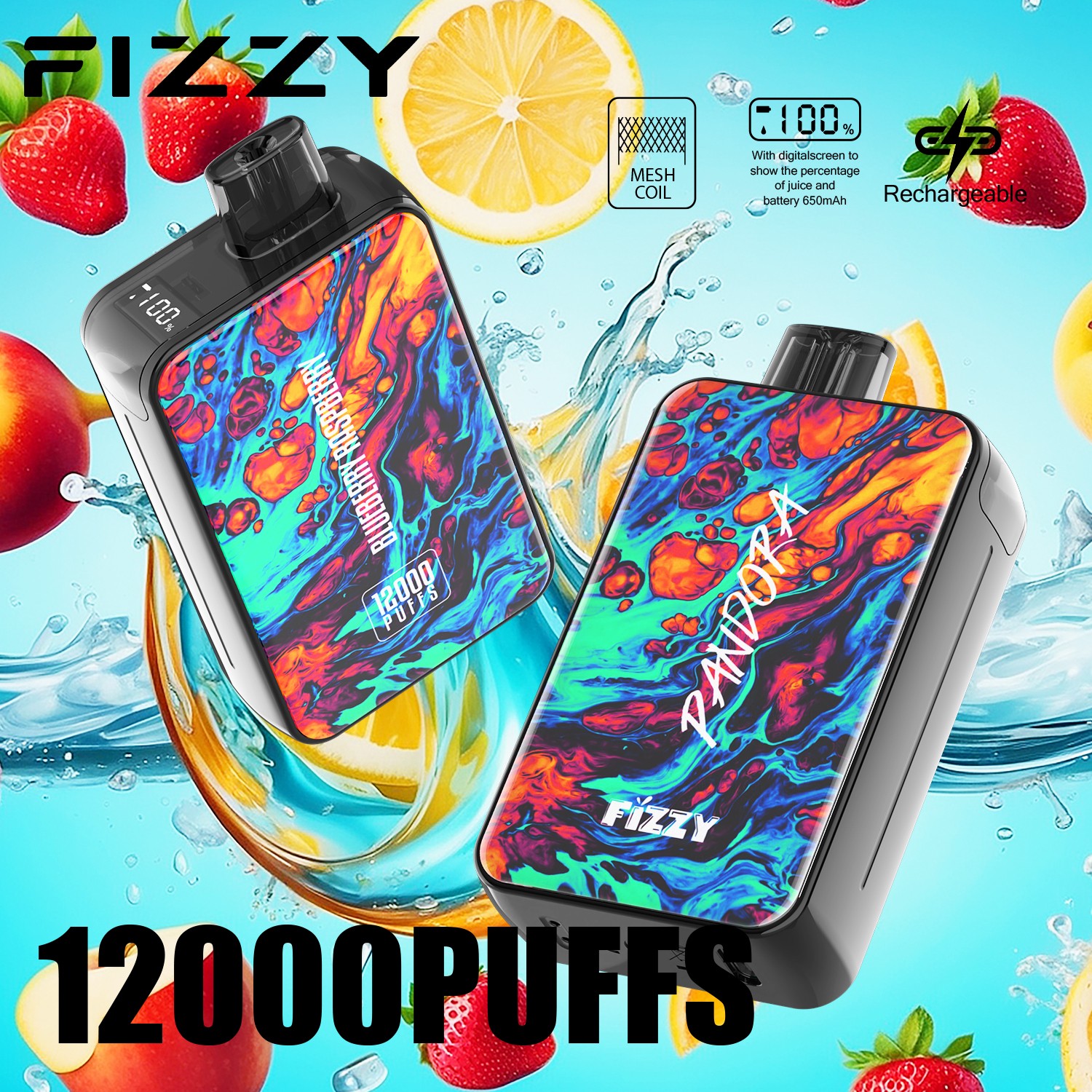 Fizzy Pandora 12000 12K Puffs 2% 5% Nicotine Edition LCD Display Disposable Vape in Blueberry Raspberry flavor