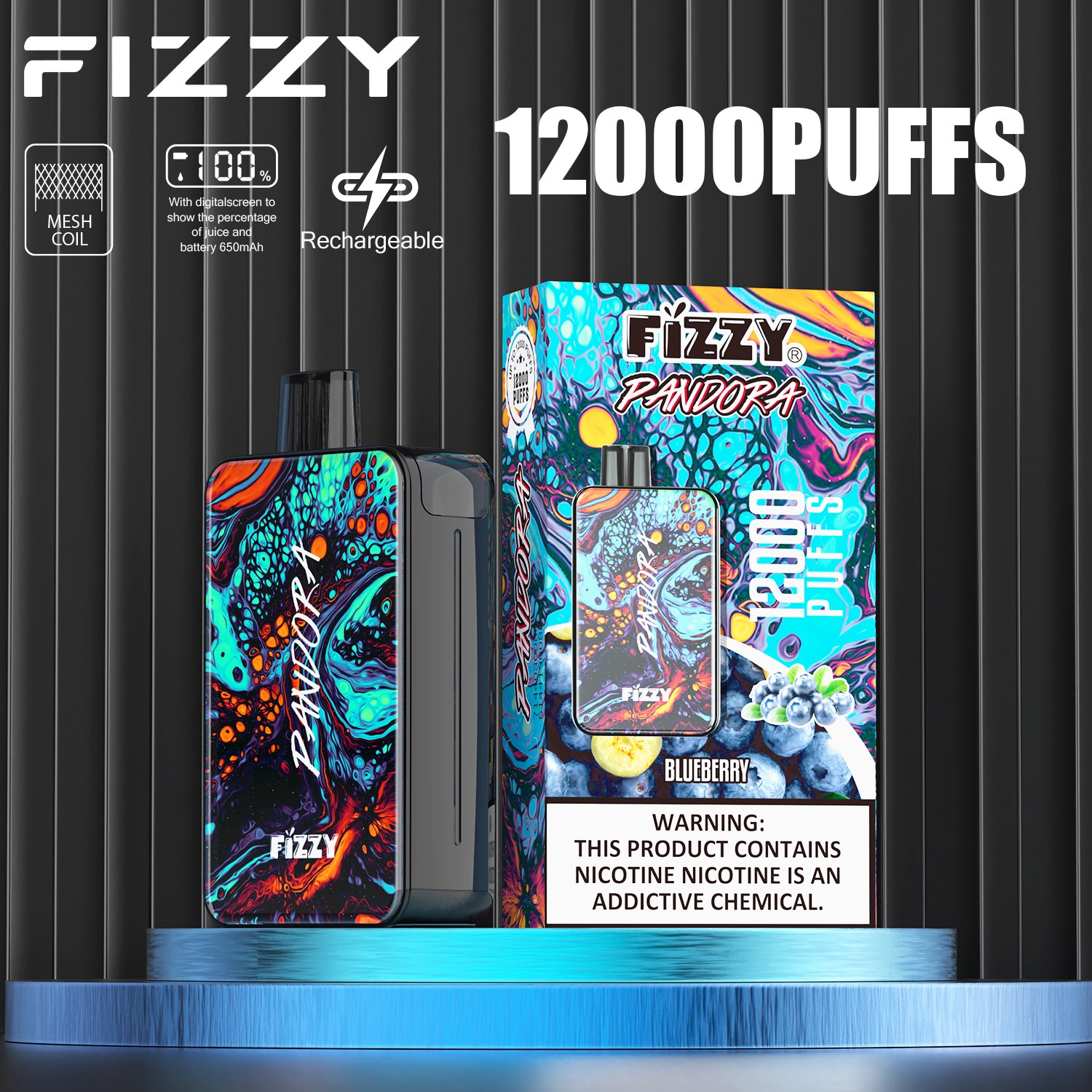 Fizzy Pandora 12000 12K Puffs 2% 5% Nicotine Edition LCD Display Disposable Vape in fizzy pandora 12000 blueberry flavor