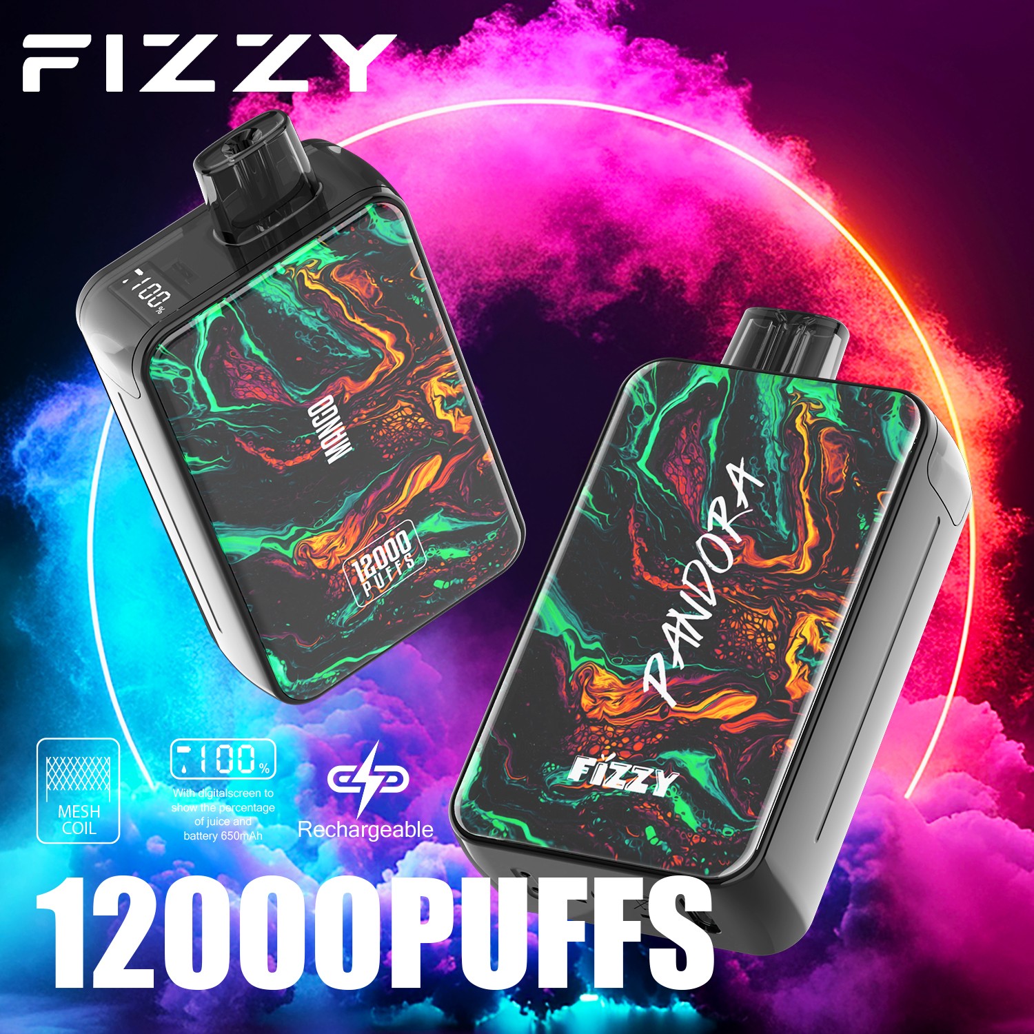 Fizzy Pandora 12000 12K Puffs 2% 5% Nicotine Edition LCD Display Disposable Vape in fizzy pandora 12000 mango flavor