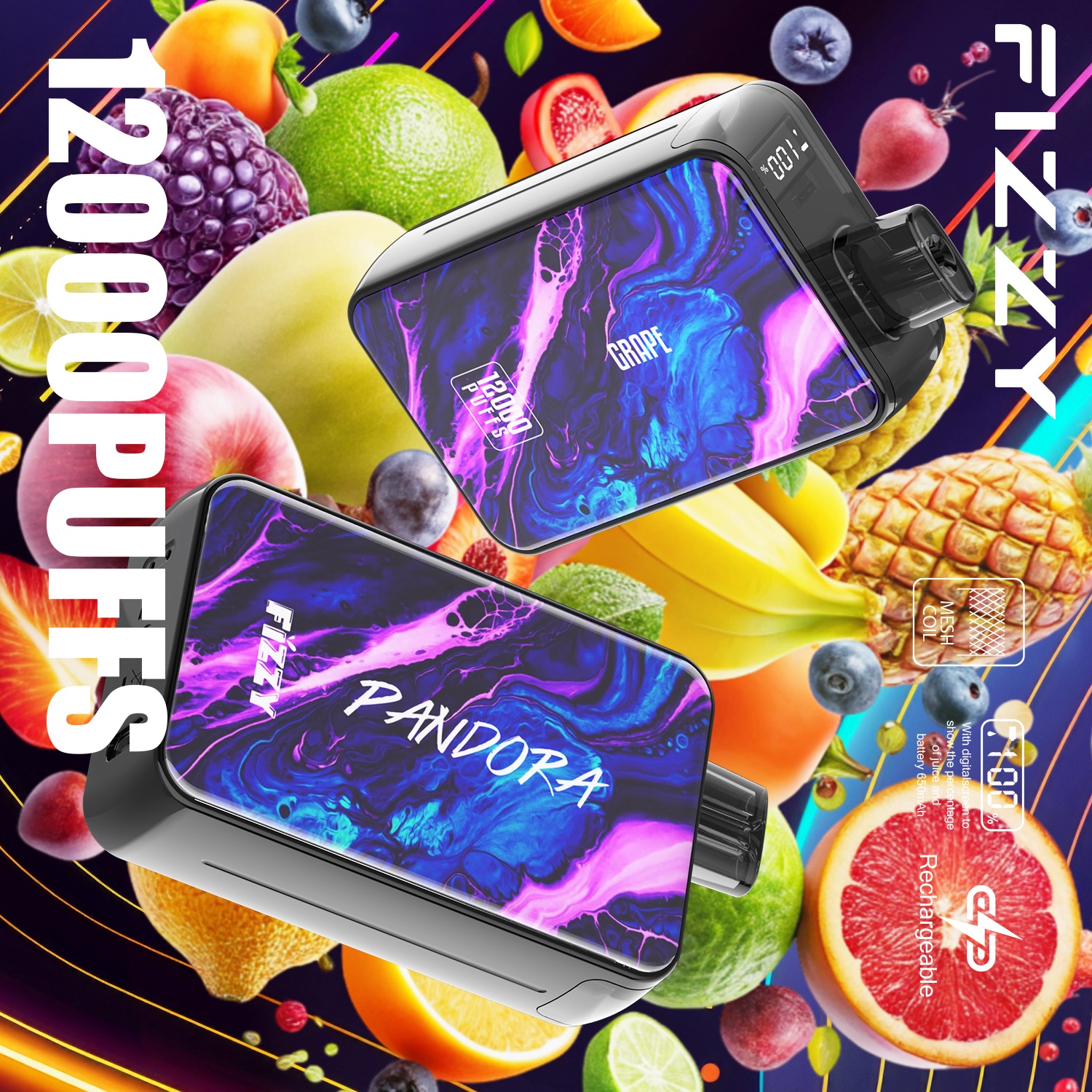 Fizzy Pandora 12000 12K Puffs 2% 5% Nicotine Edition LCD Display Disposable Vape in Grape flavor