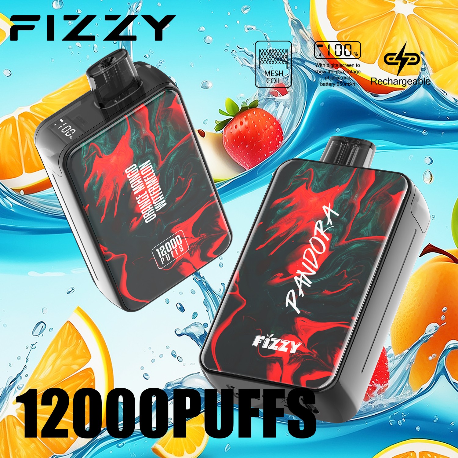 Fizzy Pandora 12000 12K Puffs 2% 5% Nicotine Edition LCD Display Disposable Vape in Mango flavor