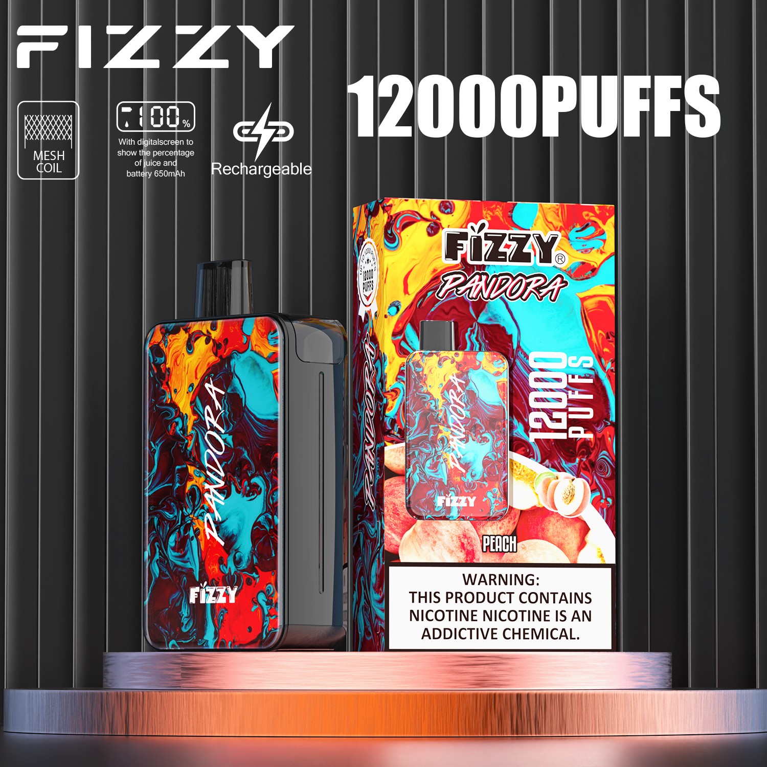 Fizzy Pandora 12000 12K Puffs 2% 5% Nicotine Edition LCD Display Disposable Vape in Peach flavor