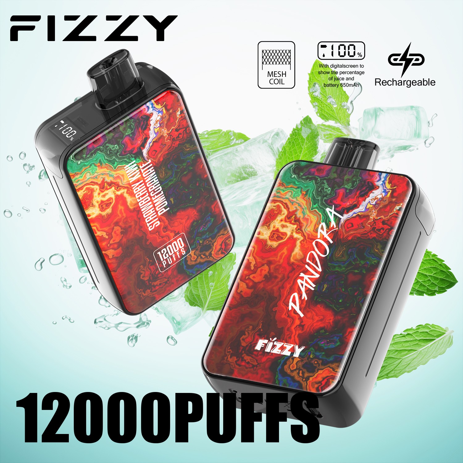 Fizzy Pandora 12000 12K Puffs 2% 5% Nicotine Edition LCD Display Disposable Vape in Pomegranate flavor
