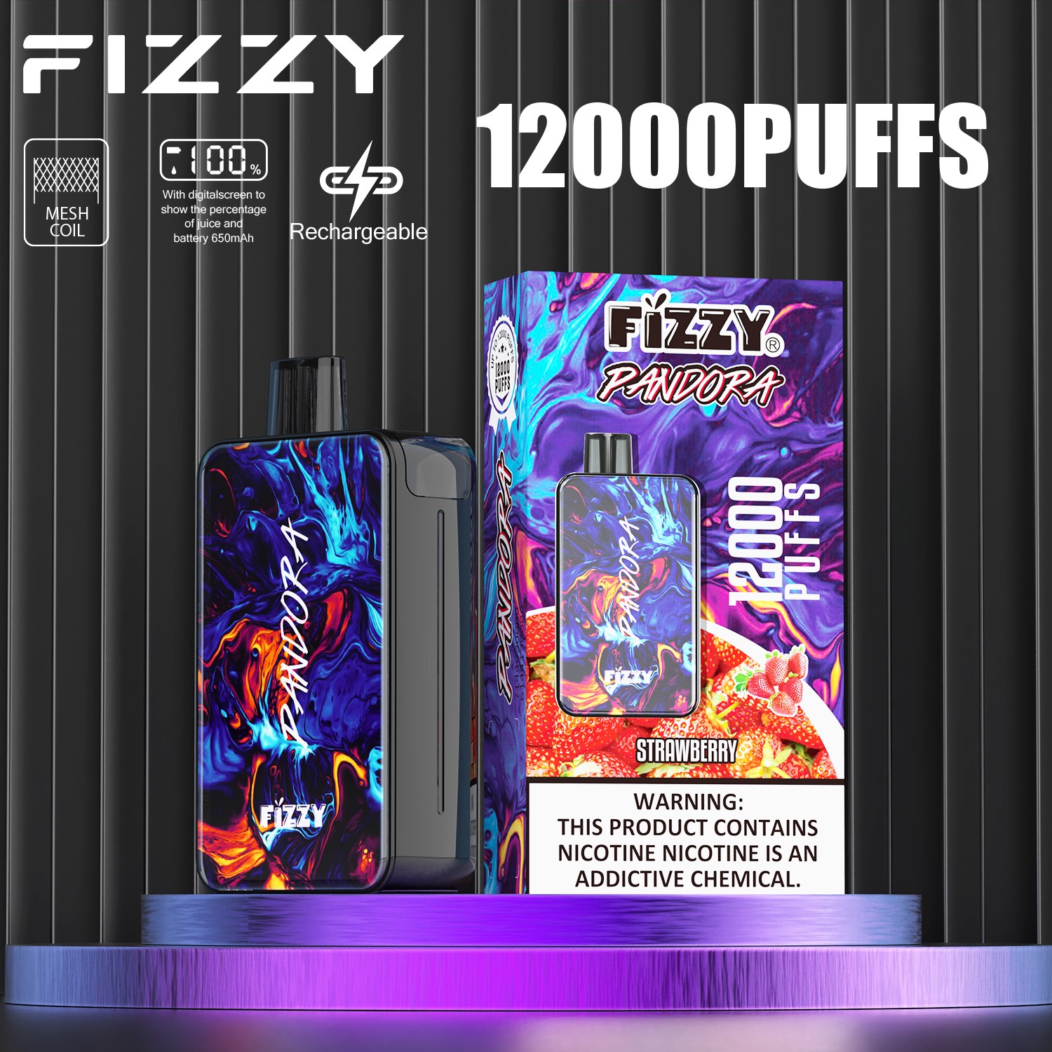 Fizzy Pandora 12000 12K Puffs 2% 5% Nicotine Edition LCD Display Disposable Vape in Strawberry flavor
