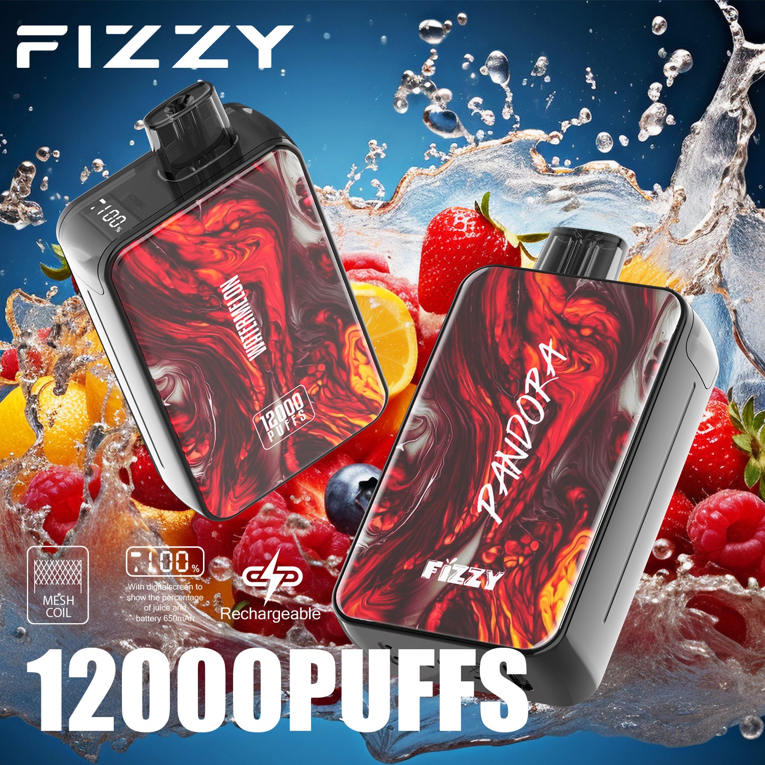 Fizzy Pandora 12000 12K Puffs 2% 5% Nicotine Edition LCD Display Disposable Vape in Watermelon flavor