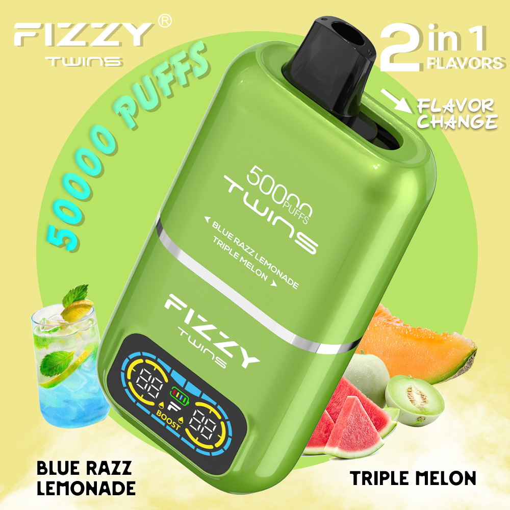 Fizzy Twins 50000 50k Puffs 2% 5% Nicotine Double Taste LCD Display Disposable Vape EU Warehouse in Blue Razz Lemonade & Triple Melon flavor
