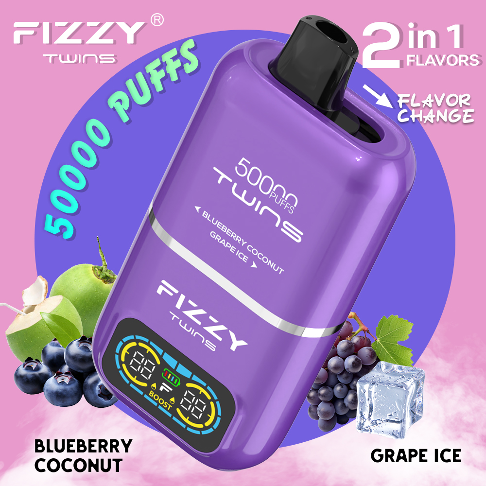 Fizzy Twins 50000 50k Puffs 2% 5% Nicotine Double Taste LCD Display Disposable Vape EU Warehouse in Blueberry Coconut & Grape Ice flavor
