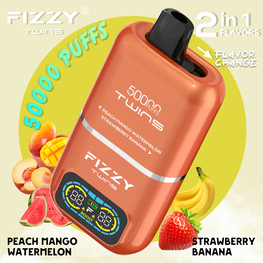 Fizzy Twins 50000 50k Puffs 2% 5% Nicotine Double Taste LCD Display Disposable Vape EU Warehouse in fizzy twins 50000 50k peach mango watermelon