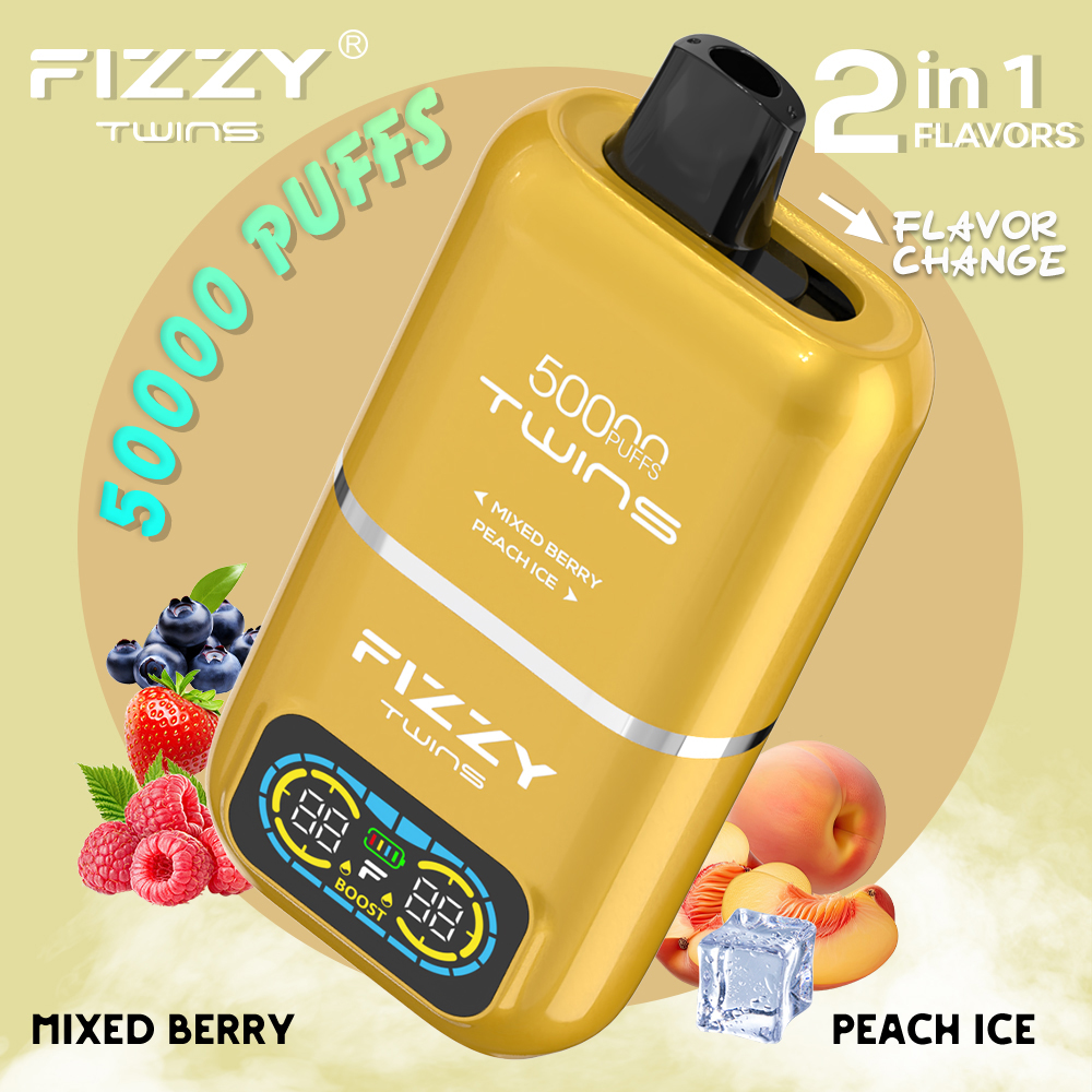 Fizzy Twins 50000 50k Puffs 2% 5% Nicotine Double Taste LCD Display Disposable Vape EU Warehouse in Mixed Berry & Peach Ice flavor