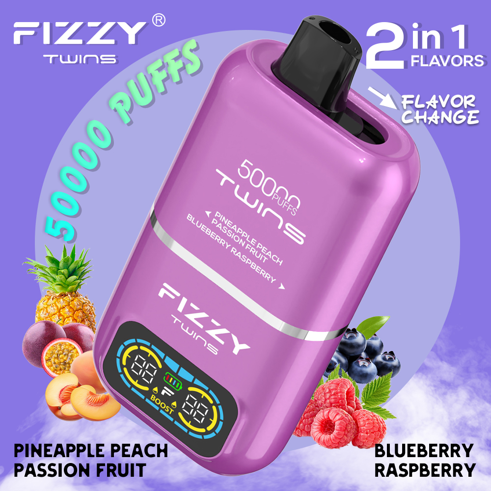 Fizzy Twins 50000 50k Puffs 2% 5% Nicotine Double Taste LCD Display Disposable Vape EU Warehouse in Pineapple Peach Passion Fruit & Blueberry Raspberry