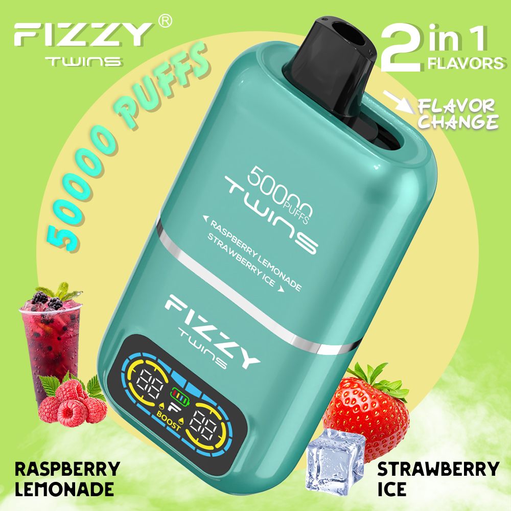 Fizzy Twins 50000 50k Puffs 2% 5% Nicotine Double Taste LCD Display Disposable Vape EU Warehouse in Raspberry Lemonade & Strawberry Ice flavor