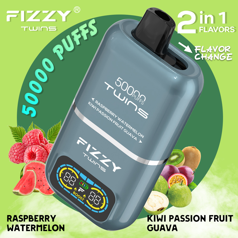 Fizzy Twins 50000 50k Puffs 2% 5% Nicotine Double Taste LCD Display Disposable Vape EU Warehouse in Raspberry Watermelon & Kiwi Passion Fruit Guava flavor