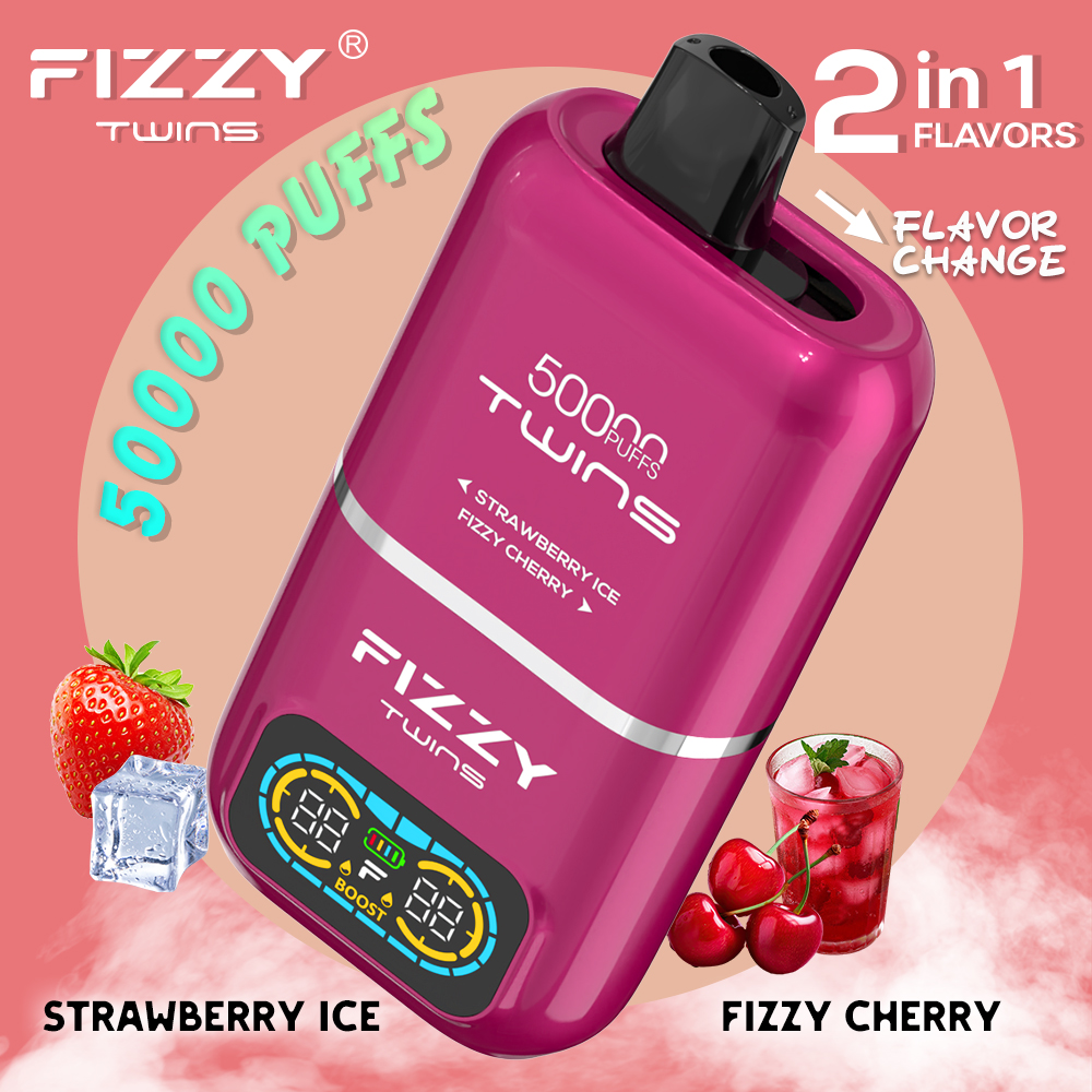 Fizzy Twins 50000 50k Puffs 2% 5% Nicotine Double Taste LCD Display Disposable Vape EU Warehouse in Strawberry Ice & Fizzy Cherry flavor