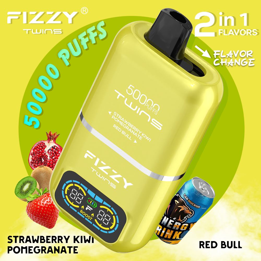 Fizzy Twins 50000 50k Puffs 2% 5% Nicotine Double Taste LCD Display Disposable Vape EU Warehouse in Strawberry Kiwi Pomegranate & Red Bull flavor