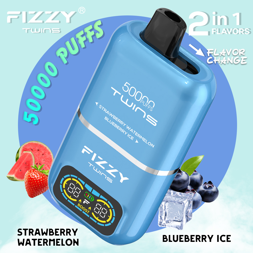 Fizzy Twins 50000 50k Puffs 2% 5% Nicotine Double Taste LCD Display Disposable Vape EU Warehouse in Strawberry Watermelon & Blueberry Ice flavor