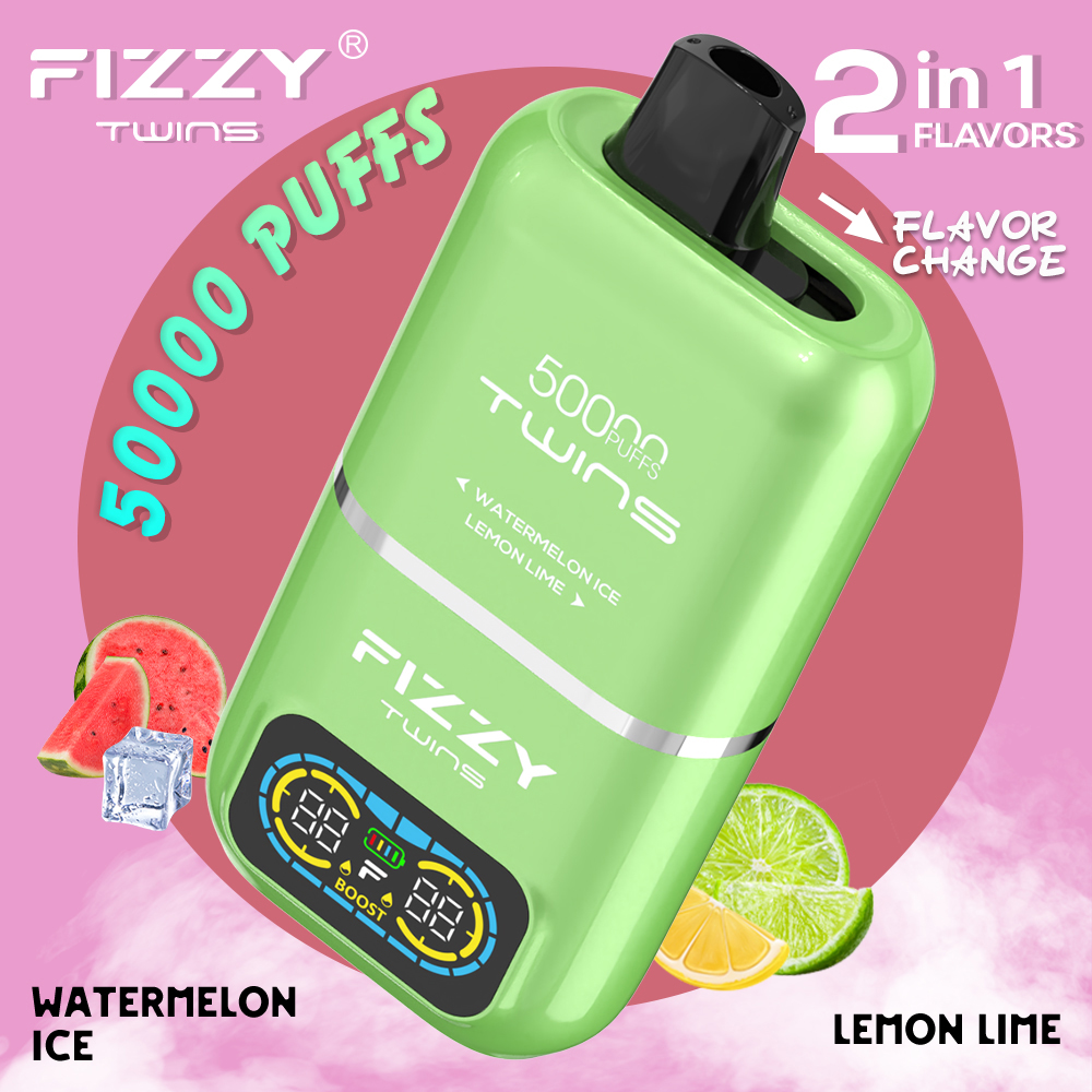 Fizzy Twins 50000 50k Puffs 2% 5% Nicotine Double Taste LCD Display Disposable Vape EU Warehouse in Watermelon Ice & Lemon Lime flavor
