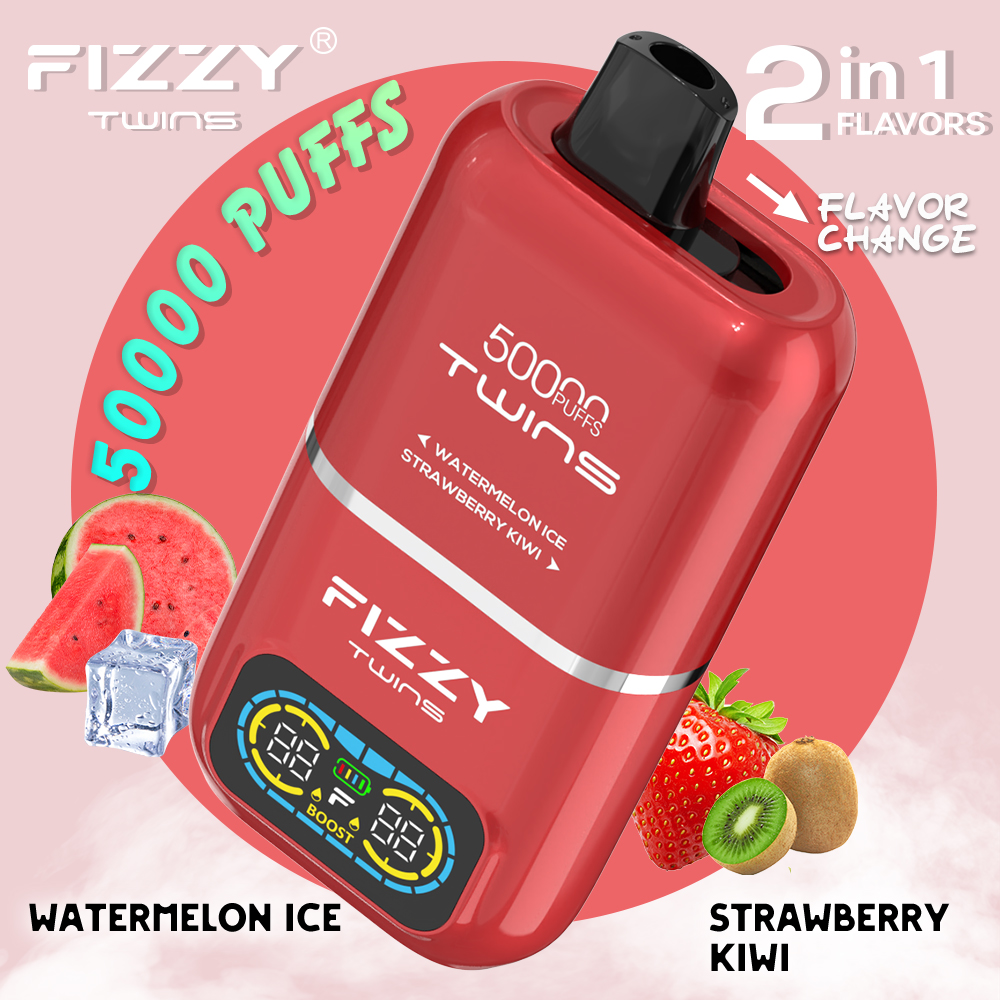 Fizzy Twins 50000 50k Puffs 2% 5% Nicotine Double Taste LCD Display Disposable Vape EU Warehouse in Watermelon Ice & Strawberry Kiwi flavor