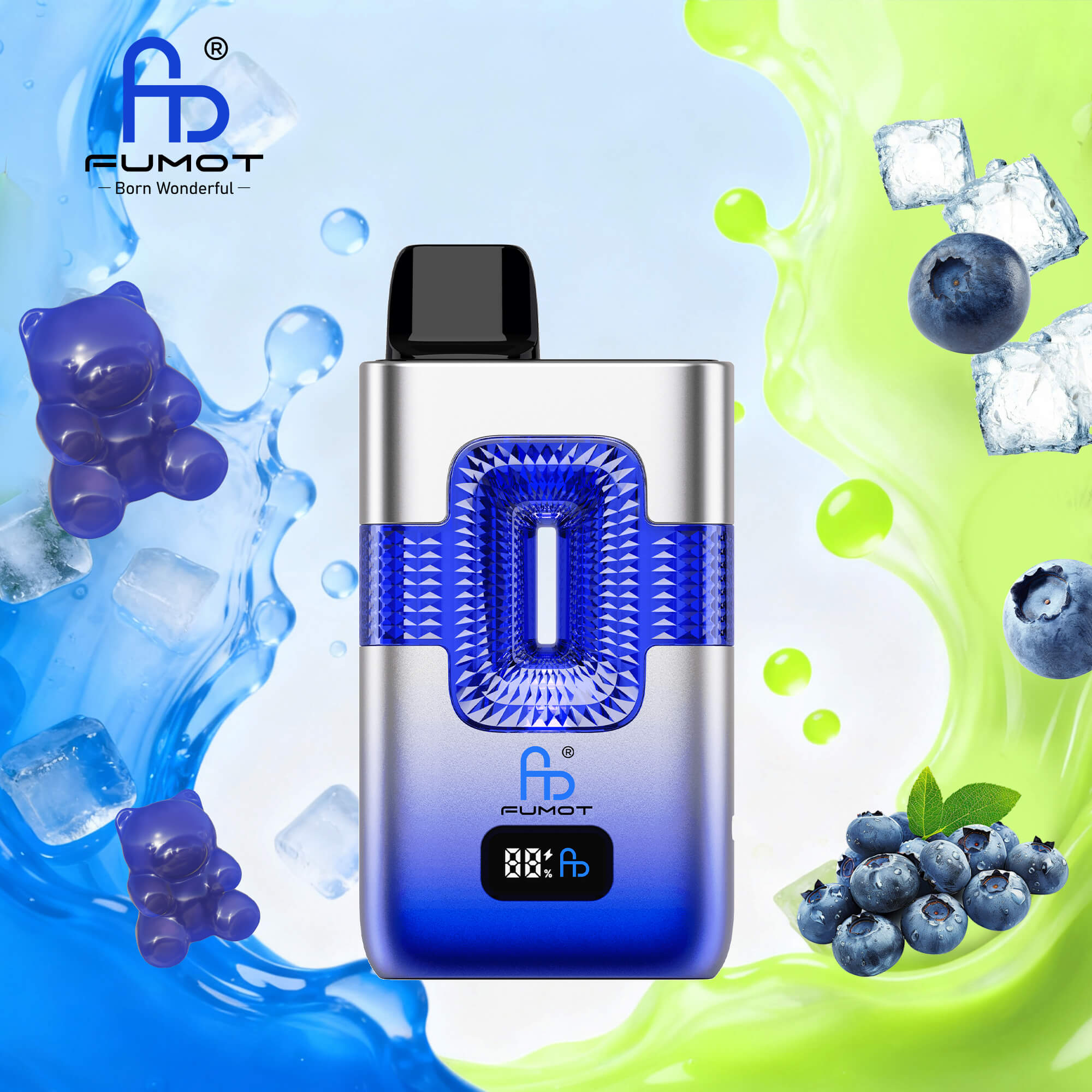 Fumot ECO 2in1 50000 50K Puffs Double Flavors Smart Display Rechargeable Disposable Vape in Blue Razz Gummy Bear & Blue Razz Ice Pop flavor