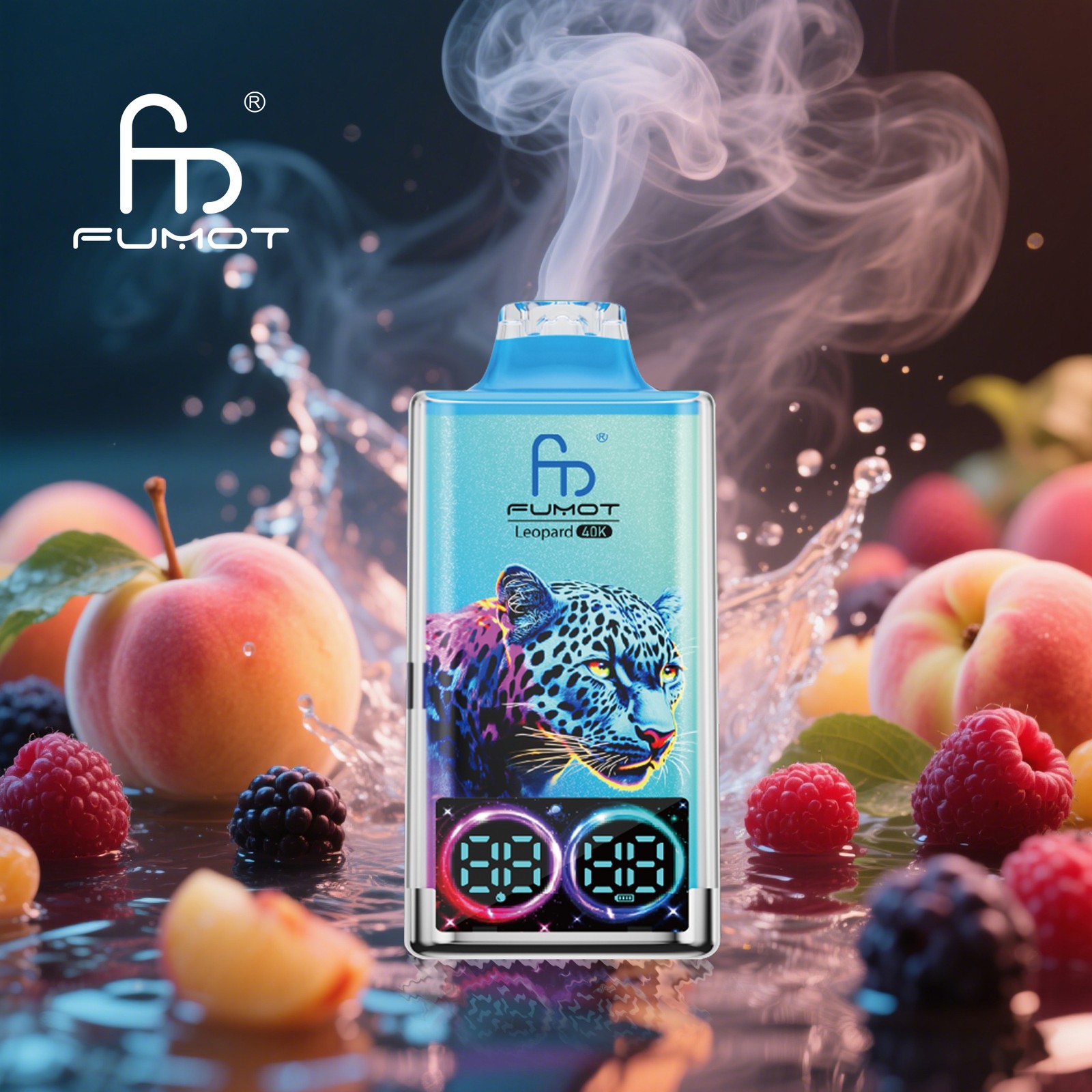 Fumot Leopard 40000 40K Puffs Edition Dual Mesh LCD Display Disposable Vape in Peach Berry flavor