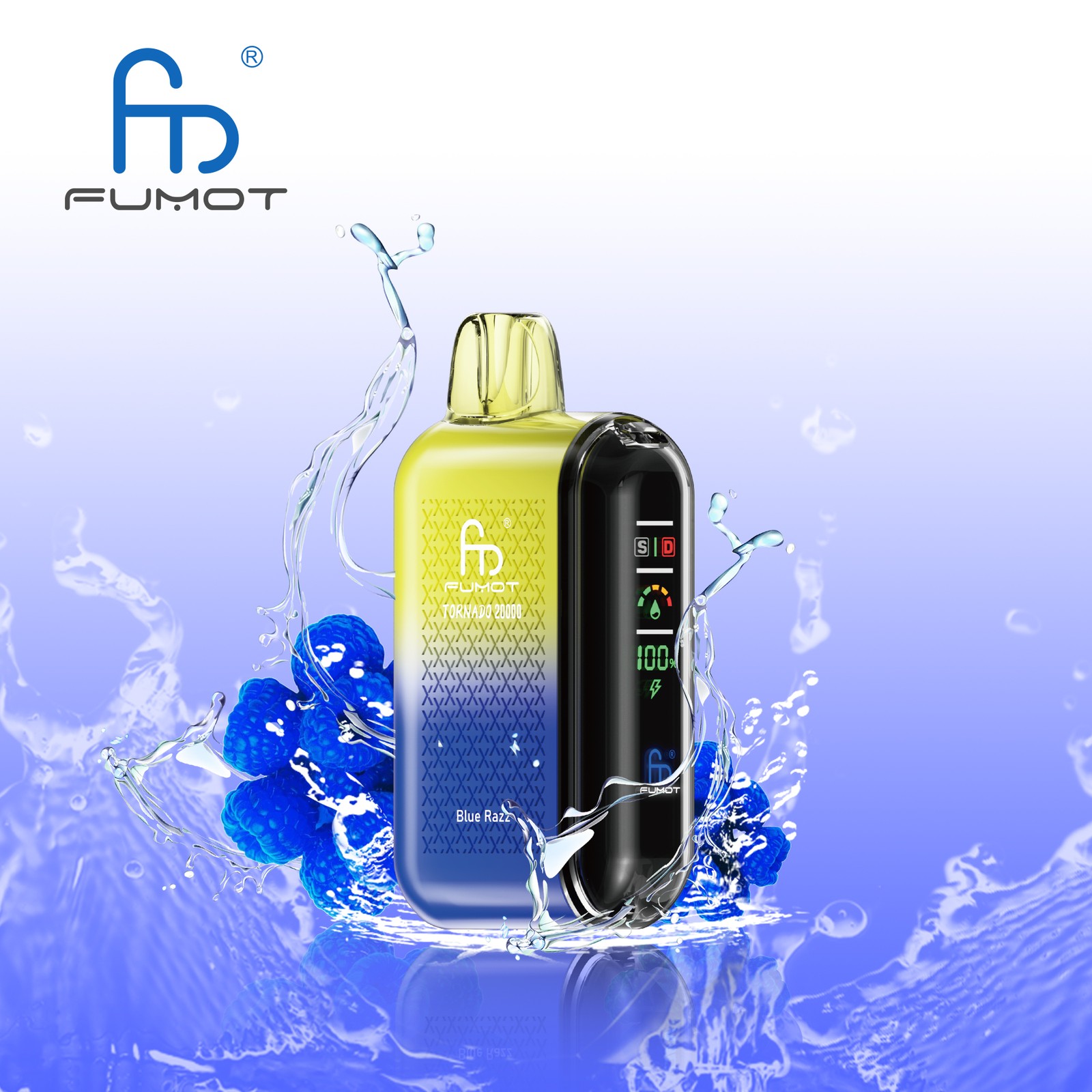 Fumot Tornado 20000 20K Puffs Vape Dual Mesh LED Display Disposable Vape in Blue Razz flavor