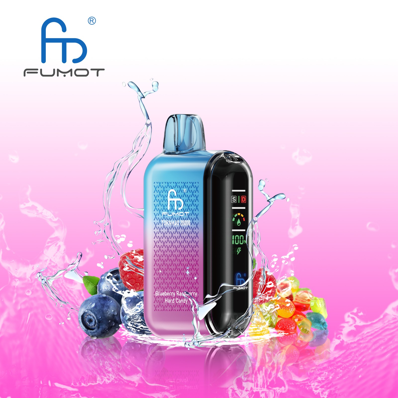 Fumot Tornado 20000 20K Puffs Vape Dual Mesh LED Display Disposable Vape in Blueberry Raspberry Hard Candy flavor