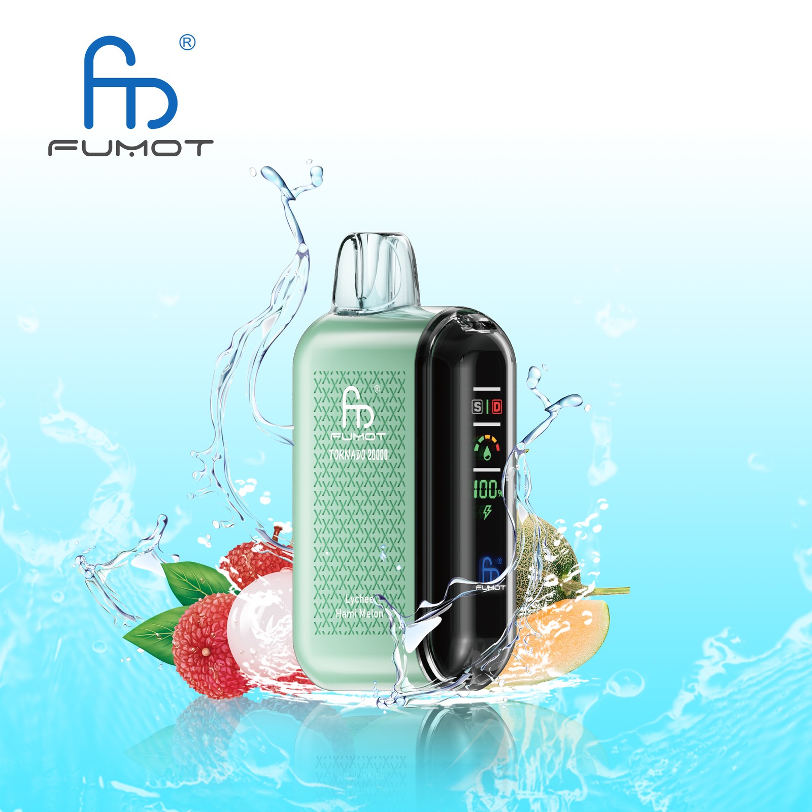 Fumot Tornado 20000 20K Puffs Vape Dual Mesh LED Display Disposable Vape in Lychee Hami Melon flavor