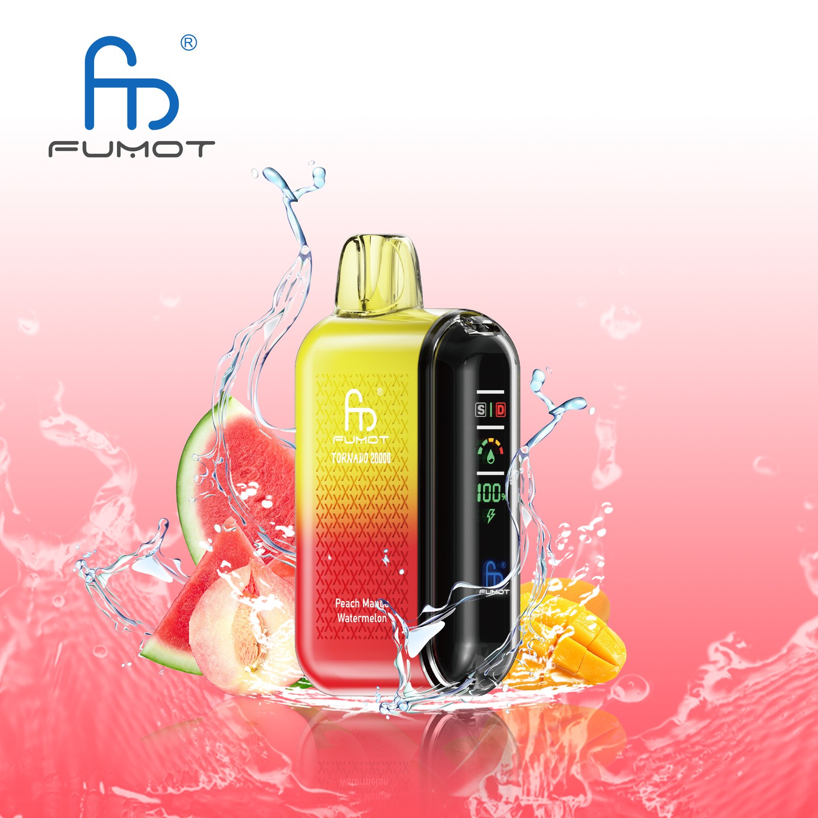 Fumot Tornado 20000 20K Puffs Vape Dual Mesh LED Display Disposable Vape in Peach Mango Watermelon flavor