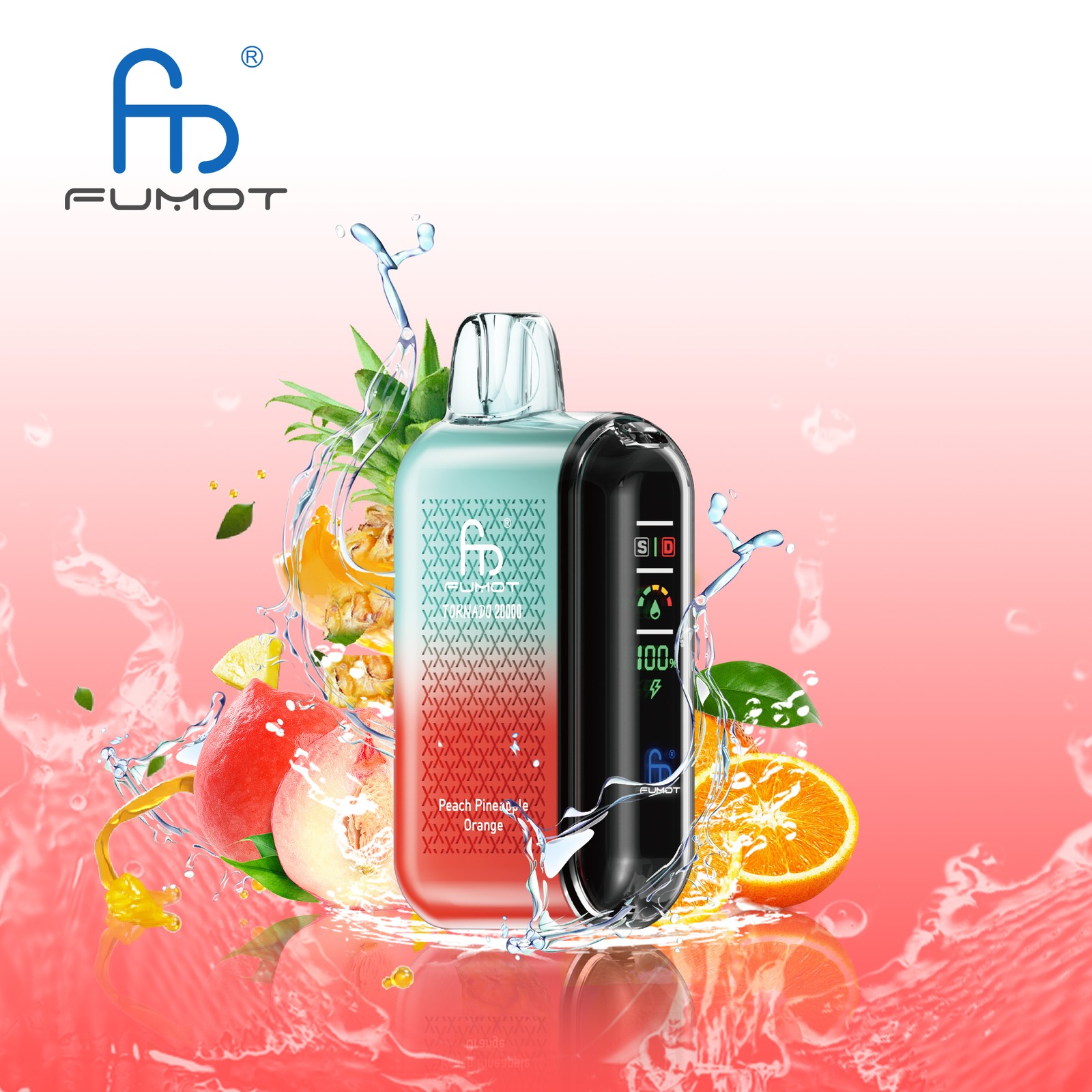 Fumot Tornado 20000 20K Puffs Vape Dual Mesh LED Display Disposable Vape in Peach Pineapple Orange flavor