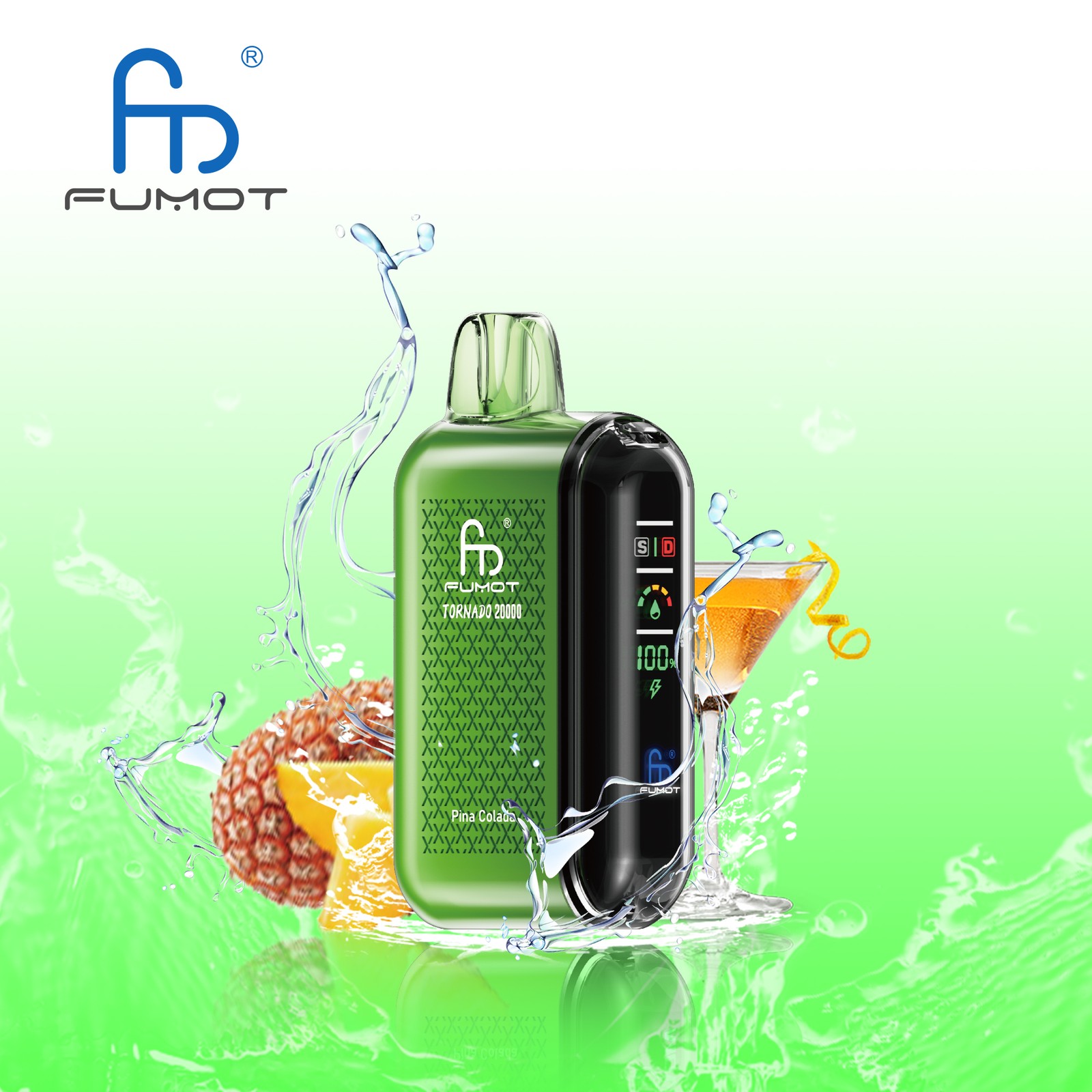 Fumot Tornado 20000 20K Puffs Vape Dual Mesh LED Display Disposable Vape in Pina Colada flavor